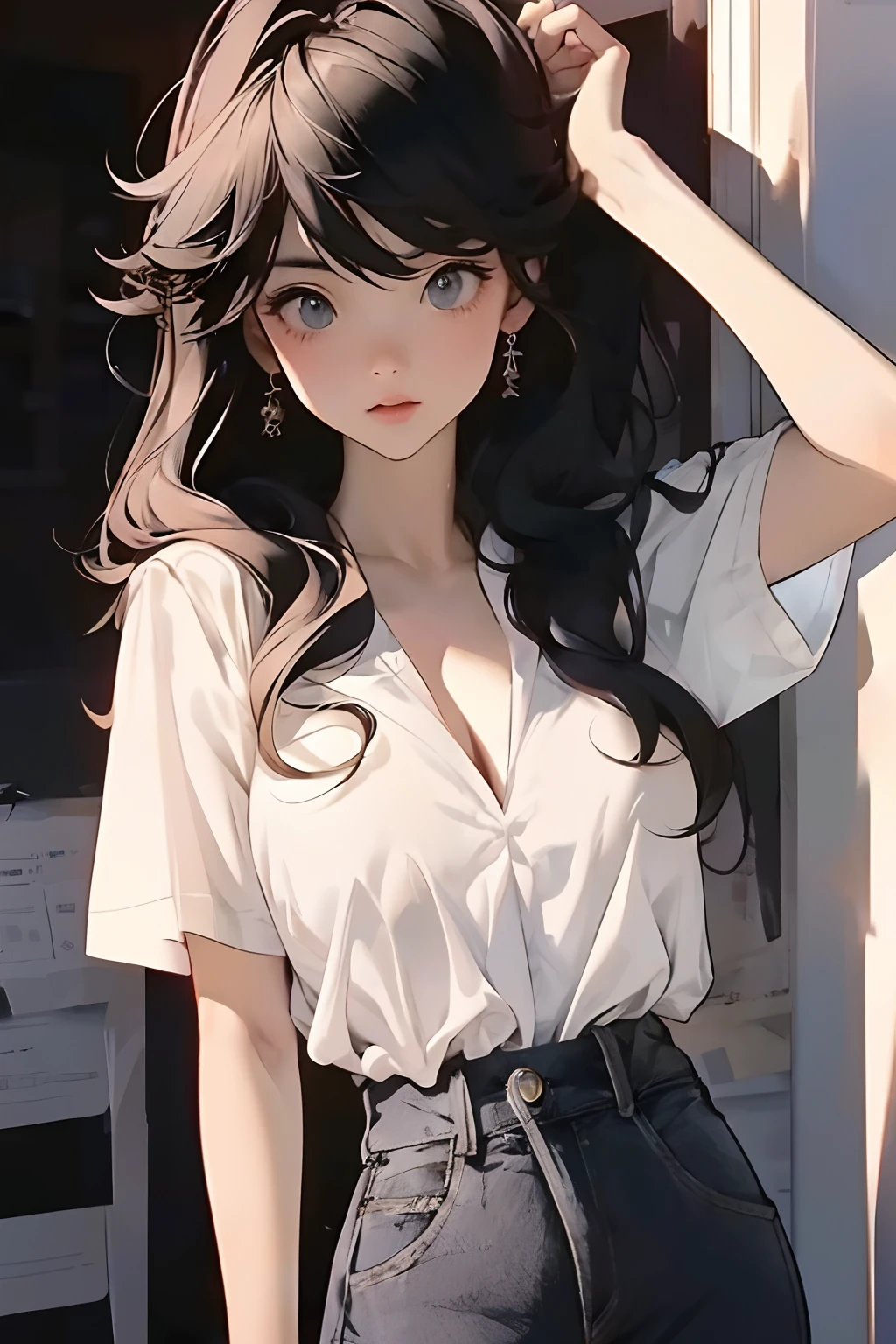 navel, cleavage, (Big chest: 1.2) Features, There is water on the body, Clothes are soaked, ((Ultra mini skirt, Tight body, Public hair is huge, )), White shirt, Tight body, Ultra-thin shirt, (Extra short shirt, heavy rain), Wet clothes, Long hair, Black hair, Wavy hair, Double eyelids, 耳Nipple Ring, No bra, , no underwares, Curved body, Sexy body, Perfect body, ((Realistic lighting, best qualtiy, 8K, tmasterpiece:1.3)), sharp fokus:1.2, 1girll, Beautiful Women with Perfect Figure:1.4, Slim abs:1.1，Ultra-fine face，Fine eyes，二重まぶた，