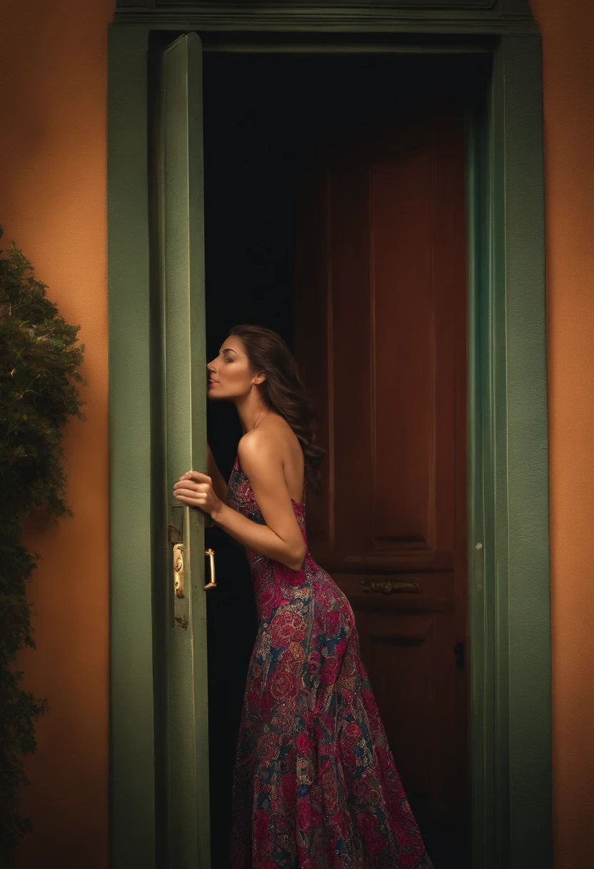 woman holding the door with her body