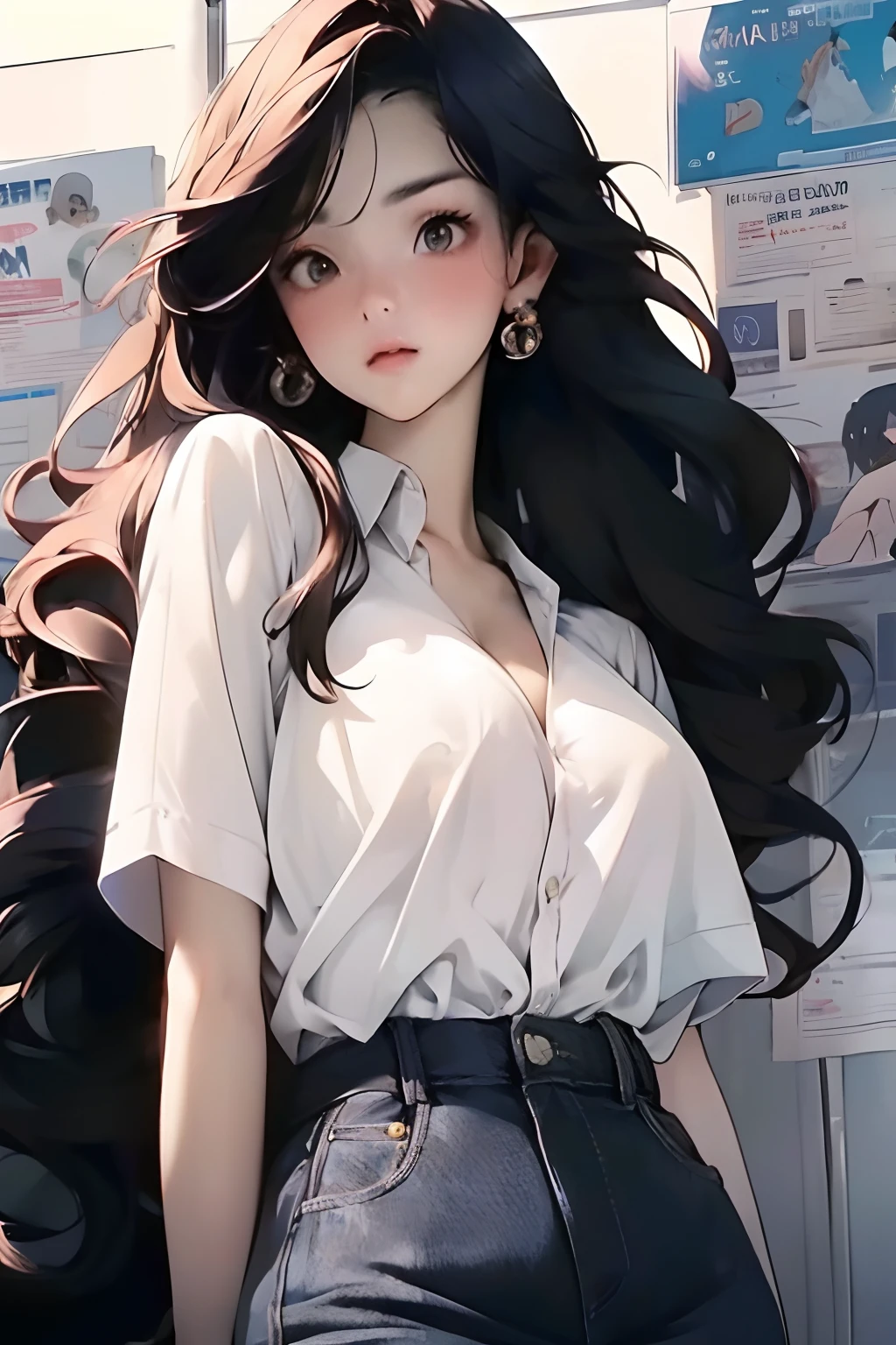 navel, cleavage, (Big chest: 1.2) Features, There is water on the body, Clothes are soaked, ((Ultra mini skirt, Tight body, Public hair is huge, )), White shirt, Tight body, Ultra-thin shirt, (Extra short shirt, heavy rain), Wet clothes, Long hair, Black hair, Wavy hair, Double eyelids, 耳Nipple Ring, No bra, , no underwares, Curved body, Sexy body, Perfect body, ((Realistic lighting, best qualtiy, 8K, tmasterpiece:1.3)), sharp fokus:1.2, 1girll, Beautiful Women with Perfect Figure:1.4, Slim abs:1.1，Ultra-fine face，Fine eyes，二重まぶた，