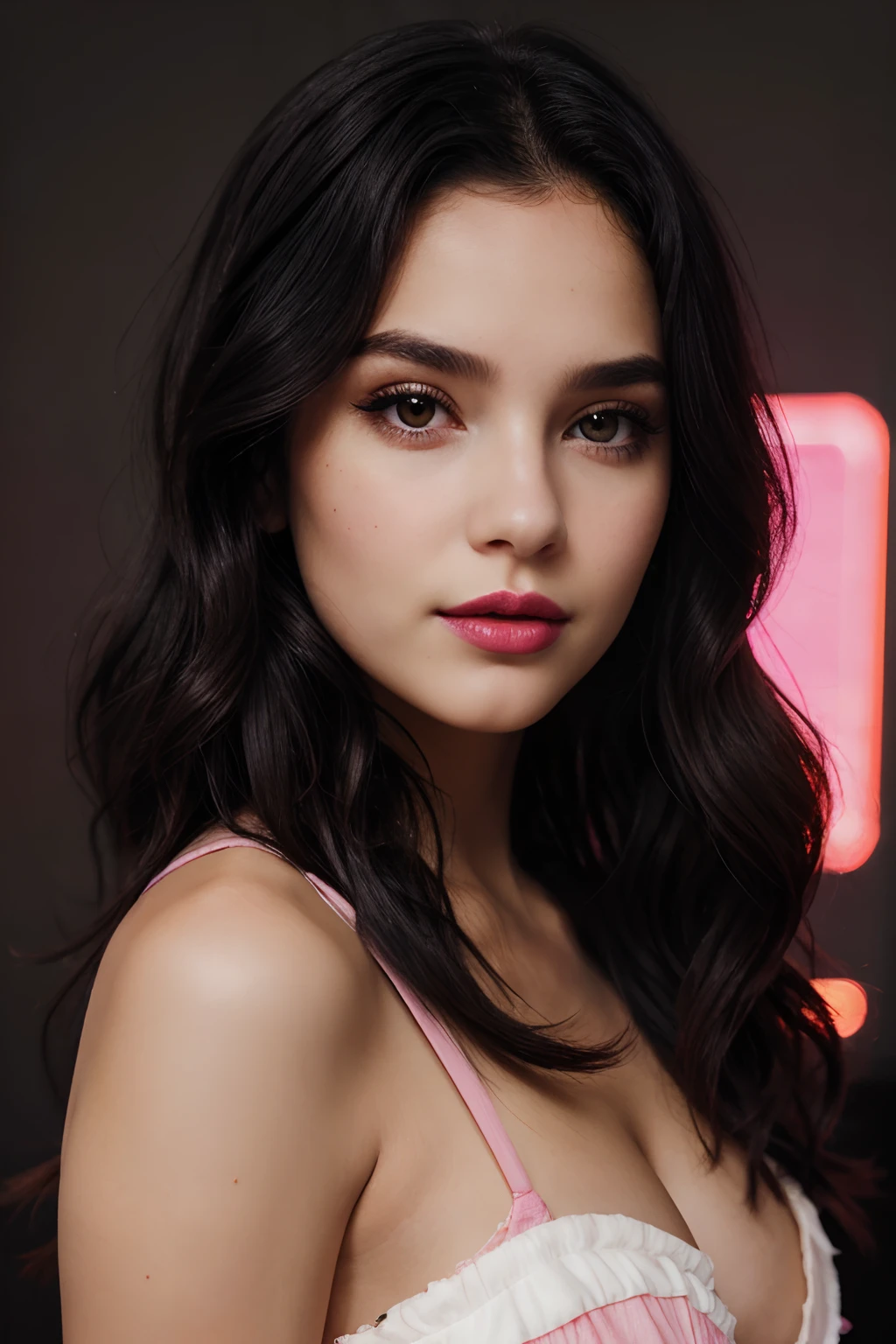 among us background, cool girl , hot girl , realistic face , 4k quality, oval face, makeup done, little pink lipstick, selfie, wavy black hair, messy hair, portrait