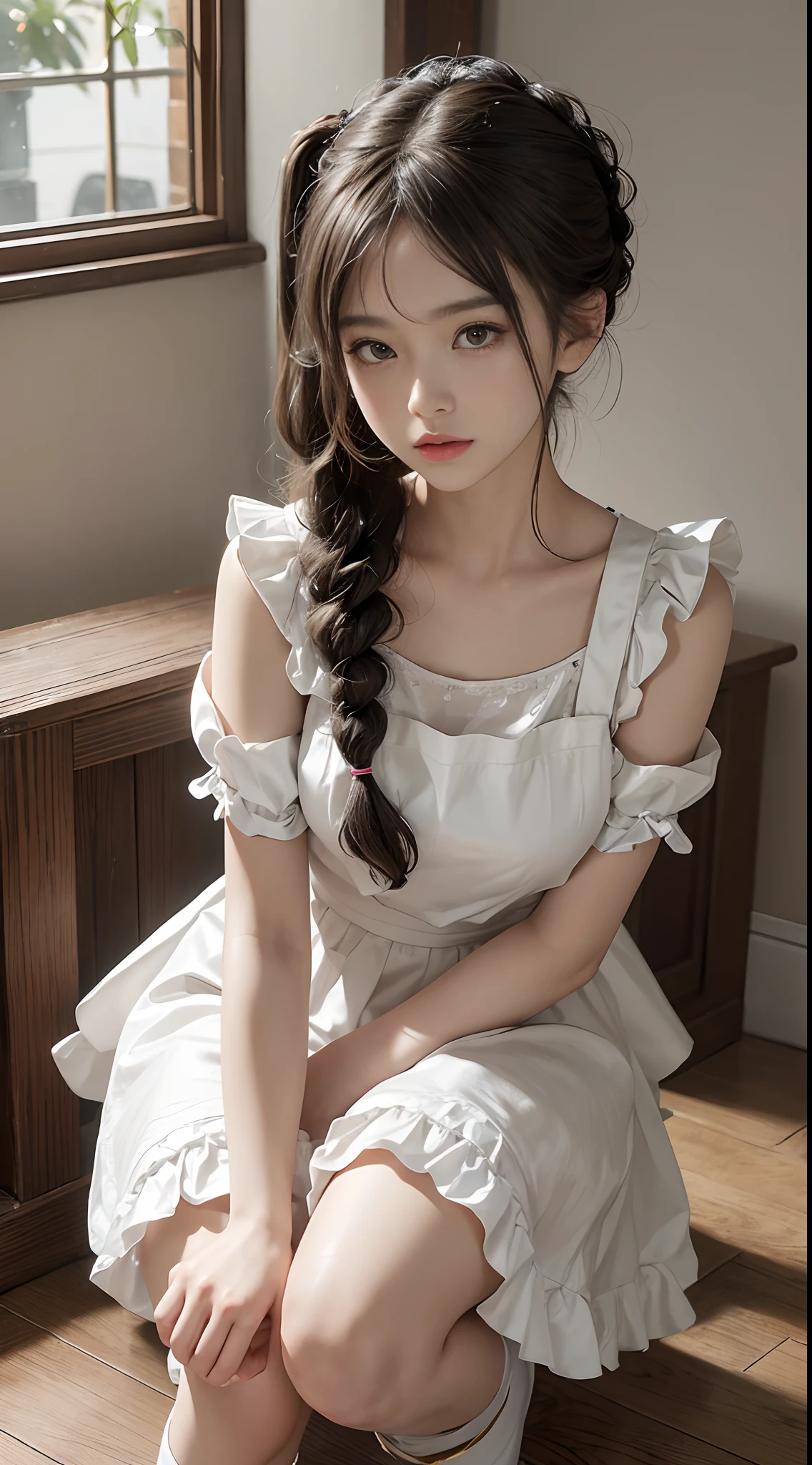 Top quality, Masterpiece, 超高分辨率, (Photorealistic: 1.4), RAW photo, 1 girl, English maid, Ruffled maid headband, pony tails, Braided hair, Ruffle blouse, Ribbon Ties, aprons, Long skirt, Puff sleeves, White silk ankle socks,frilld, Glowing skin, No gray background, Flowers, crouched
