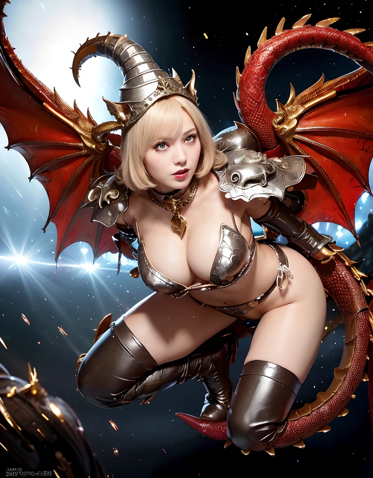 ((World of Darkness)),Professional , masterpiece、top-quality、photos realistic , depth of fields 、(((Fight dragons))),(Dragon Black Metal Body:1.9),(latexwhite、(cleavage of the breast),(Fight dragons)、Full Body Angle、(((Particles of light))),(Micro Bikini Armor:1.7),Gorgeous gold weapons ,(Fight dragons)、Seductive look、The face of the dragon is out、(blood splattere、Armpit、((((With a magic wand))), ) , (((Wearing a silver latex wizard hat))),(demonic wings) ,((a blond))、(Castle background)、((Gangle's forest background))、Beautiful Caucasian beauty、1a person、Armpit、dynamic ungle,(((Detailed Dragon Wizard Hat)))、Smaller head、A smile、Castle background、Thin and beautiful female hands、cleavage of the breast、Soldier in iron armor on background、Mystical expression、Light Effects、intense fighting、Wind-effect、magic circles、With the legendary magic wand、Dragon's tail、explosions、Toostock、Toostock、(Beautuful Women),