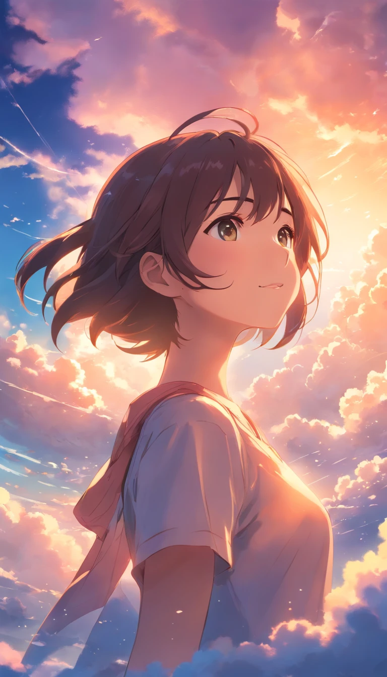 masterpiece, best quality, movie still, 1girl, cloud girl, floating in the sky, close-up, bright, happy, warm soft lighting, sunset, (sparks:0.7)