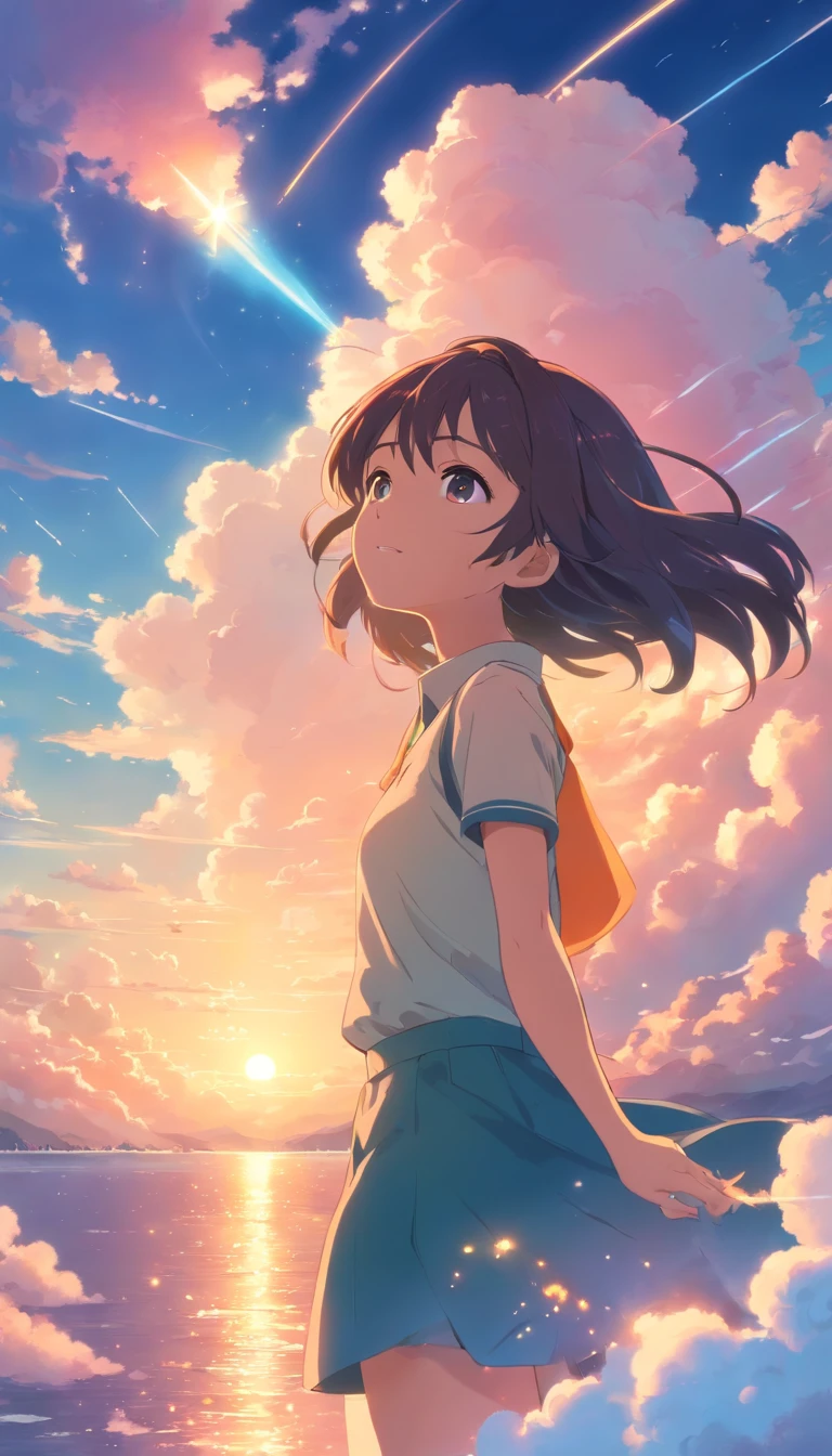 masterpiece, best quality, movie still, 1girl, cloud girl, floating in the sky, close-up, bright, happy, warm soft lighting, sunset, (sparks:0.7)