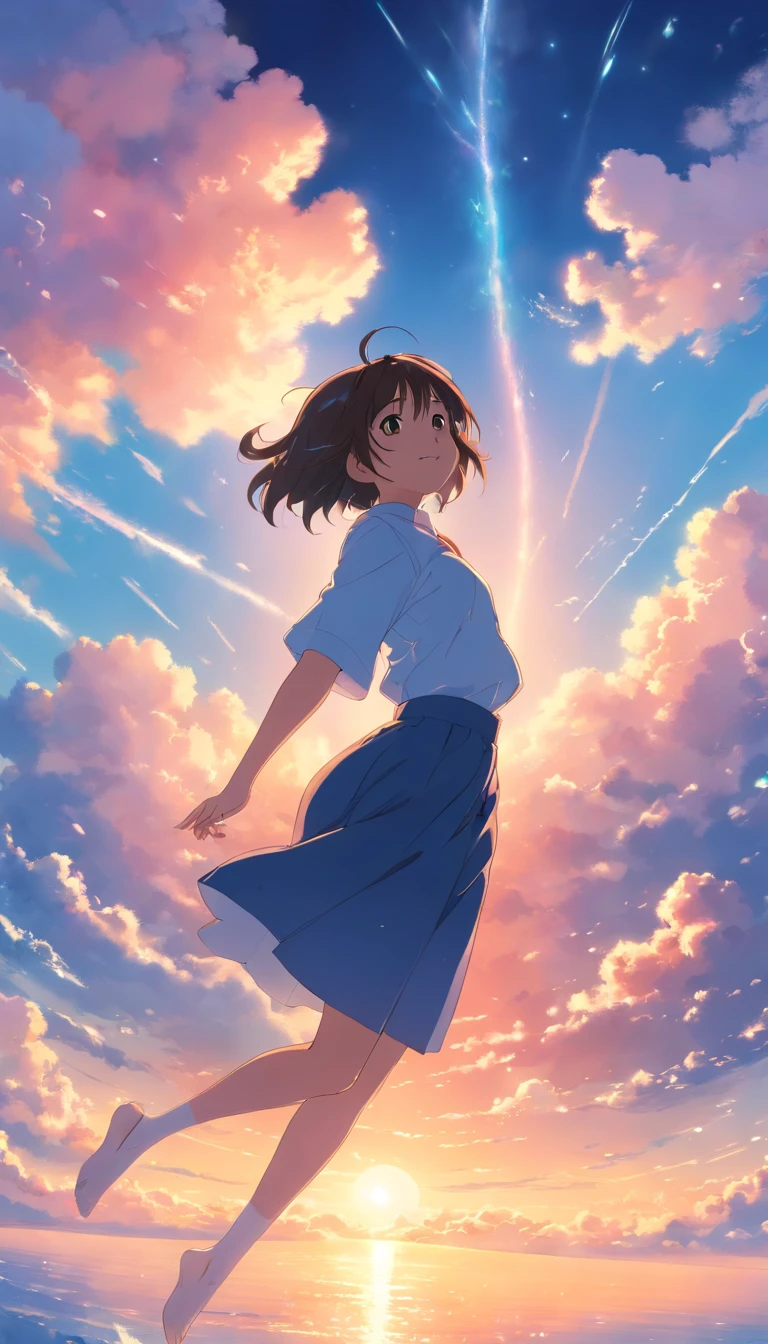 masterpiece, best quality, movie still, 1girl, cloud girl, floating in the sky, close-up, bright, happy, warm soft lighting, sunset, (sparks:0.7)