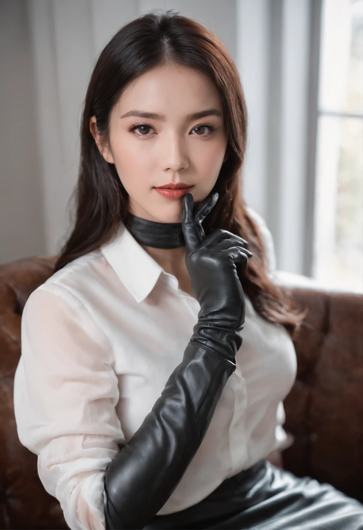 Black leather gloves with five fingers in both hands, black leather tight skirt, white blouse, black leather long boots, Japanese girl with straight black hair, sit on a leather chair with her feet aligned, both hands of leather gloves are aligned on her knees