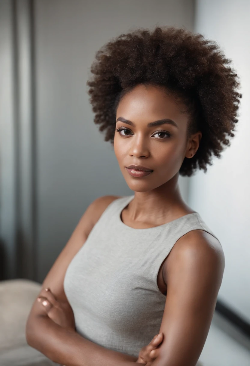 beautiful dark light skin woman with african afro hair style, Out-front photo of Influencer looking at the camera with hands crossed and folded in front of her, Barely any emotion. Looking straight onto the camera. Arms are crossed in front round rib cage, Plain Leggings Black, Setting In her Manufacturing office (with a heat press).