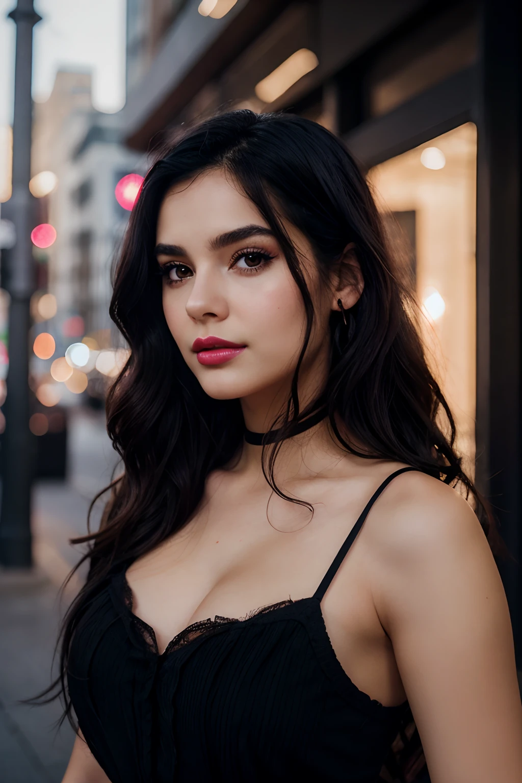among us background, cool girl , hot girl , realistic face , 4k quality, oval face, makeup done, little pink lipstick, selfie, wavy black hair, messy hair, portrait