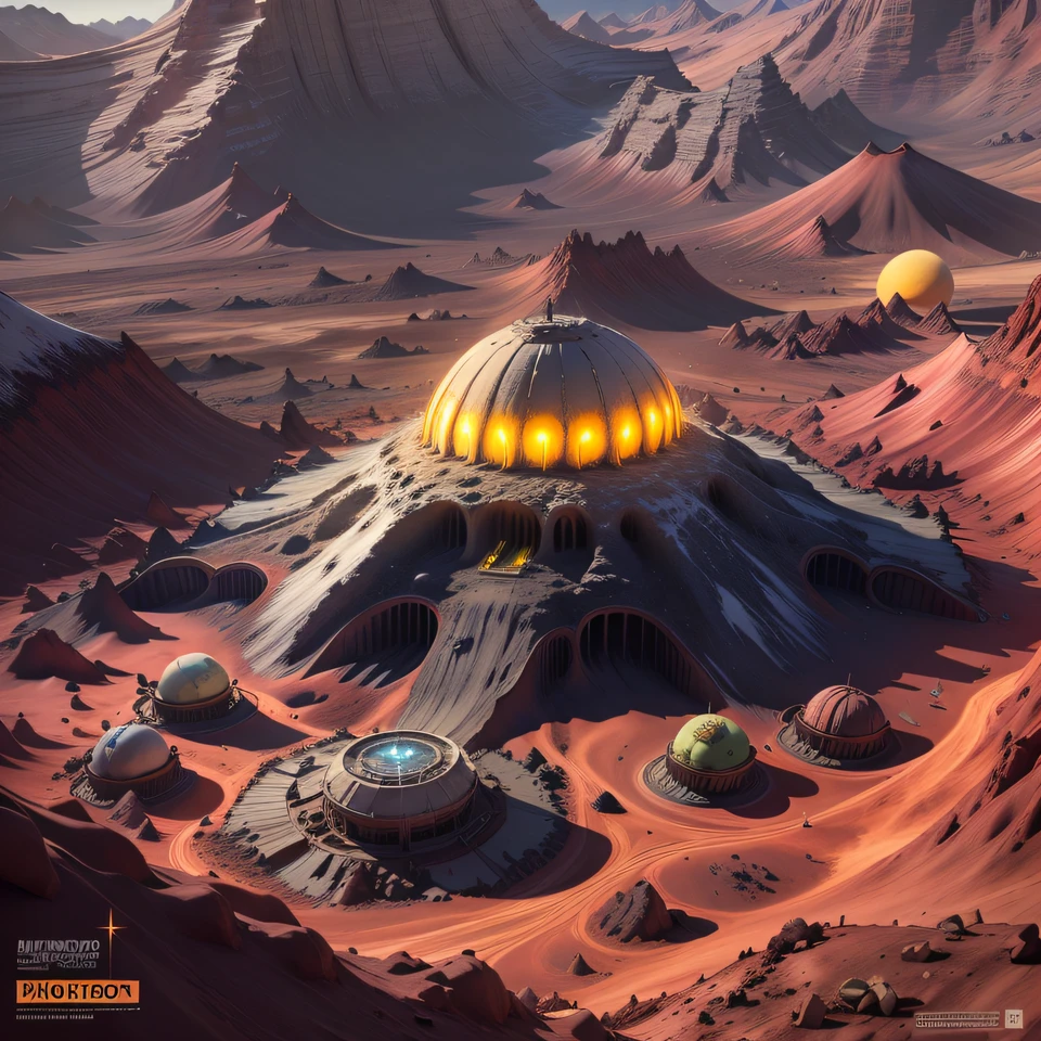 Alien base (Very detailed) In the mountainous desert，There are several exhaust air fans and yellow chimneys, Some neon spotlights come out of the base to illuminate dark places, (Extreme nights), Some clouds in the night sky, Some of the surrounding planets provide air to unknown planets，The farthest giant volcano is erupting