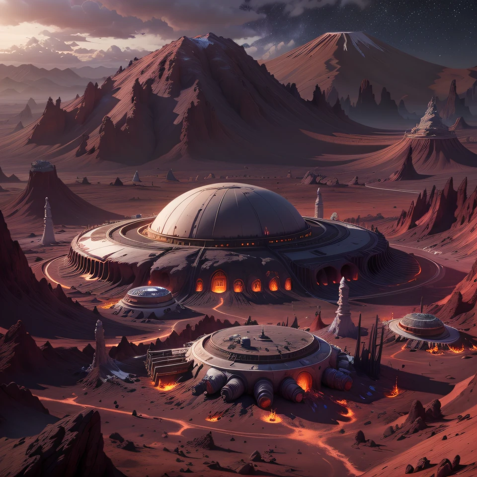 Alien base (Very detailed) In the mountainous desert,There are several exhaust fans and chimneys, Some spotlights come out of the base to illuminate dark places, (Extreme nights), Some clouds in the night sky, Some of the surrounding planets provide air to unknown planets,The farthest giant volcano is erupting