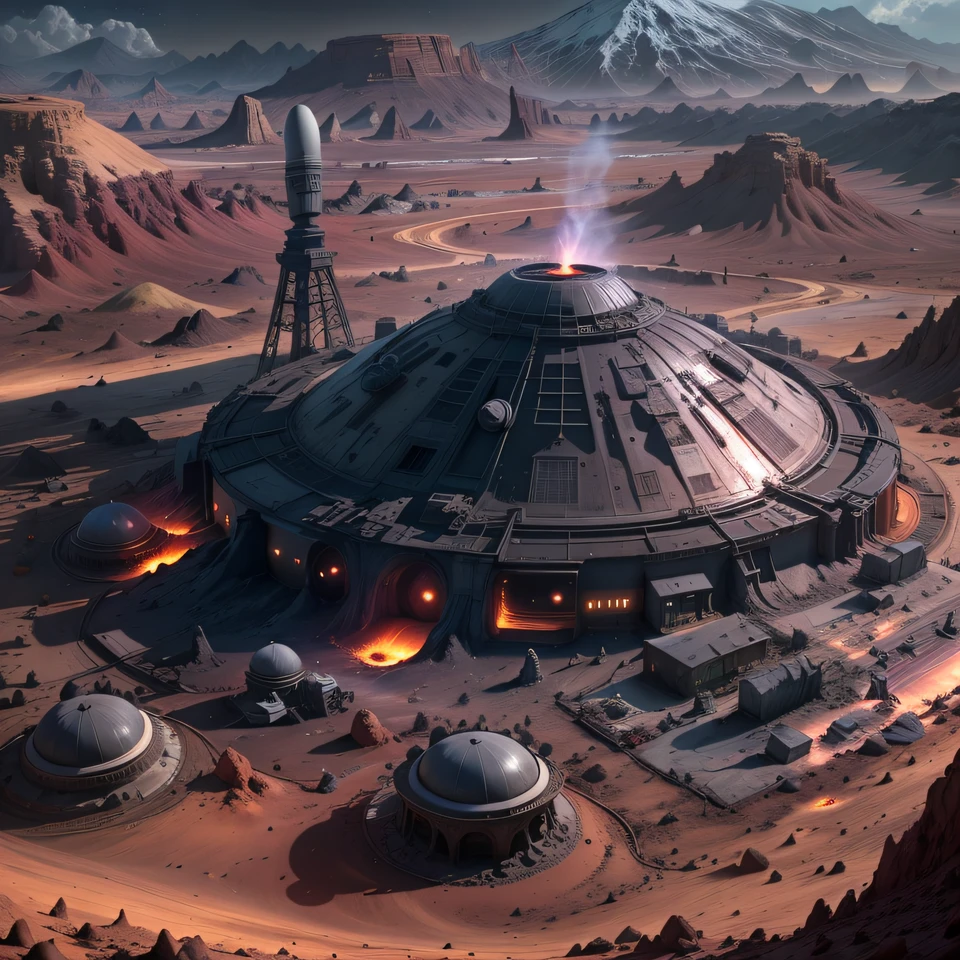 Alien base (Very detailed) In the mountainous desert,There are several exhaust fans and chimneys, Some spotlights come out of the base to illuminate dark places, (Extreme nights), Some clouds in the night sky, Some of the surrounding planets provide air to unknown planets,The farthest giant volcano is erupting