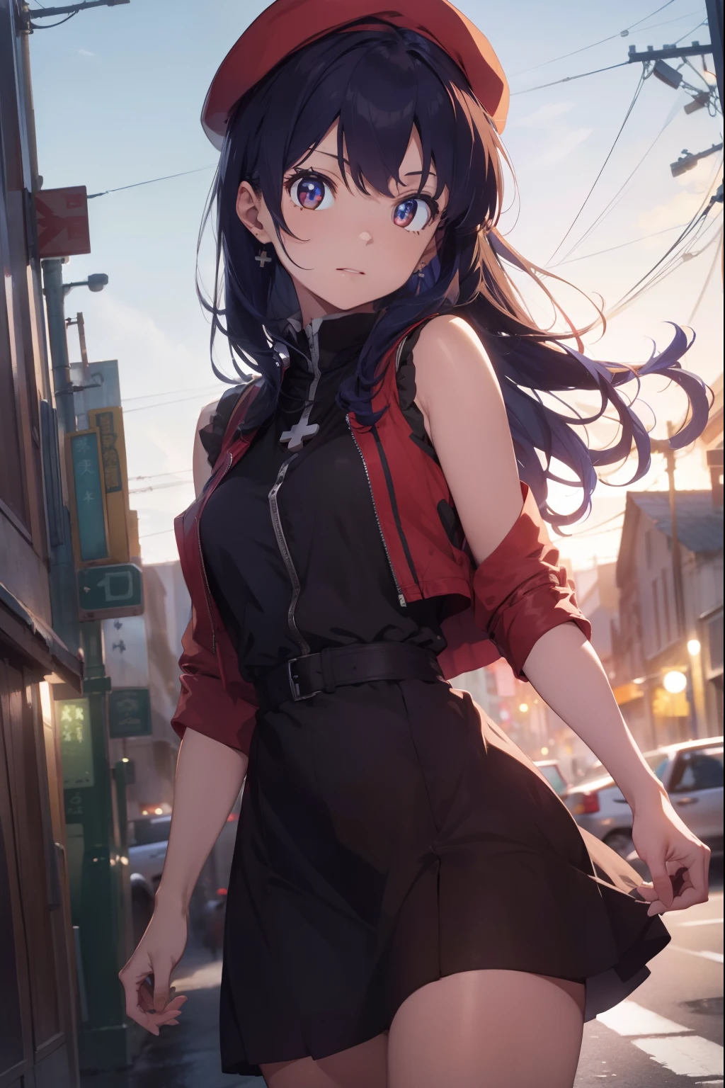 misatokatsuragi, misato katsuragi, long hair, (brown eyes:1.5), blue hair, purple hair,
BREAK hat, dress, bare shoulders, jewelry, jacket, earrings, open clothes, sleeveless, necklace, black dress, open jacket, sleeveless dress, beret, short dress, cross, red headwear, red jacket, cross necklace,
BREAK looking at viewer,
BREAK outdoors, city,
BREAK (masterpiece:1.2), best quality, high resolution, unity 8k wallpaper, (illustration:0.8), (beautiful detailed eyes:1.6), extremely detailed face, perfect lighting, extremely detailed CG, (perfect hands, perfect anatomy),