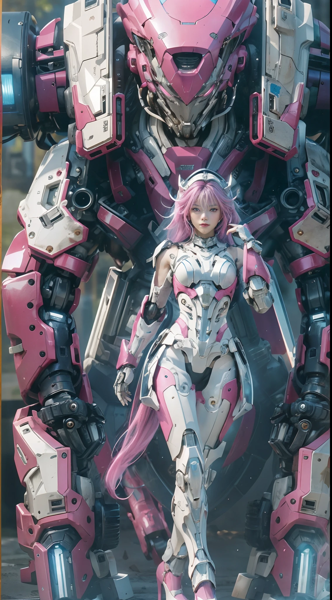 masterpiece, best quality, 1girl, solo, perfect face, looking at viewer, skin tight transparent vinyl, long blue hair, gray eyes, pale skin, shanyaogaoda, mecha, pink armor with white part, armor, helmet, lineart, dimly lit, low key, sharp focus, octane, backlighting, machinery, backlighting, shiny clothes, mechanical legs, thrusters, flying, hair ornament, high heels, shiny, artist name, standing, thighs, pink eyes, teeth, looking down, armored boots, cyborg, (big mechanical background:1.2), bare shoulders, lips, machine, The view from the bottom up, cosplay, RAW photo, delicate, best quality, (intricate details:1.3), hyper detail, finely detailed, colorful, 8k uhd, film grain, (studio lighting:1.2), (Fujifilm XT3), (photorealistic:1.3), (detailed skin:1.2)ultra high res, outside in the park with lake, best quality, photo, 4k, (photorealistic:1.4)