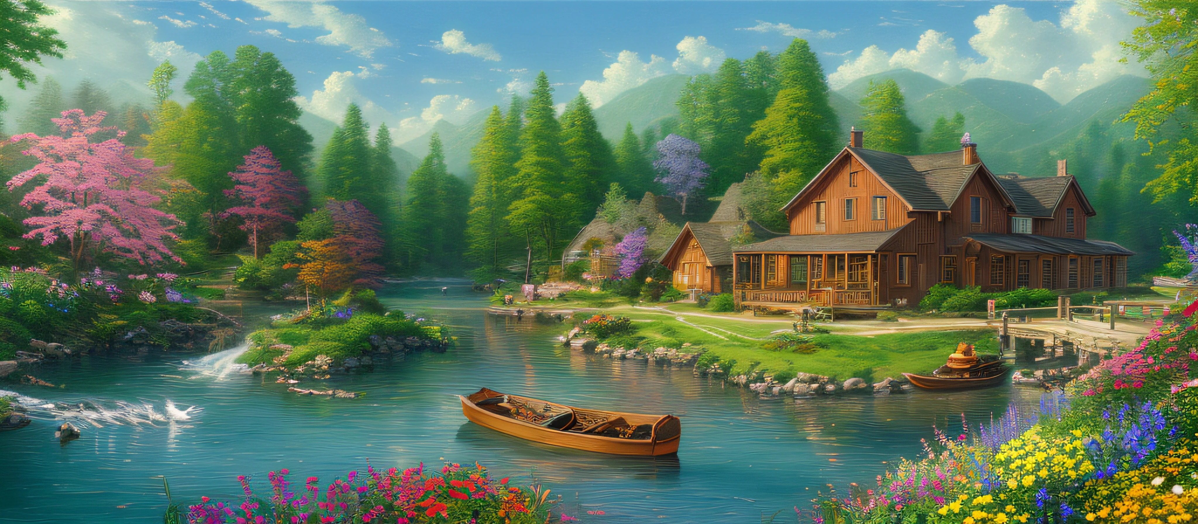 landscape, water, farm house, cooking smoke, boat in the water, flowers ,stream, color full (extremely detailed CG unity 8k wallpaper), most beautiful artwork in the world, professional majestic oil painting, intricate, High Detail, Sharp focus, dramatic, photorealistic painting art, style of Thomas Kinkade