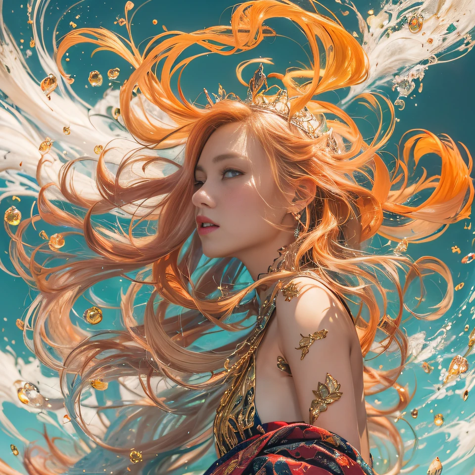 cyan colors,blue colors,enamel,agates,A flesh-colored world,Blood Girl 32K(tmasterpiece,k hd,Aoyama Pond,hyper HD,32K)Long flowing bright orange hair,blood pond,zydink, a color,Grumpy (Post-halo), (Linen scarf), Combat posture, looking at the ground, long whitr hair, Floating bright orange, Fire cloud pattern gold tiara, Chinese long-sleeved gold silk burgundy garment, (Abstract metaverse splash:1.2), white backgrounid,Lotus vitality protector(realisticlying:1.4),Bright purple hair,Smoke on the road,The background is pure, A high resolution, the detail, RAW photogr, Sharp Re, Nikon D850 Film Stock Photo by Jefferies Lee 4 Kodak Portra 400 Camera F1.6 shots, Rich colors, ultra-realistic vivid textures, Dramatic lighting, Unreal Engine Art Station Trend, cinestir 800,A girl with long flowing bright orange hair,Huge multicolored bubbles
