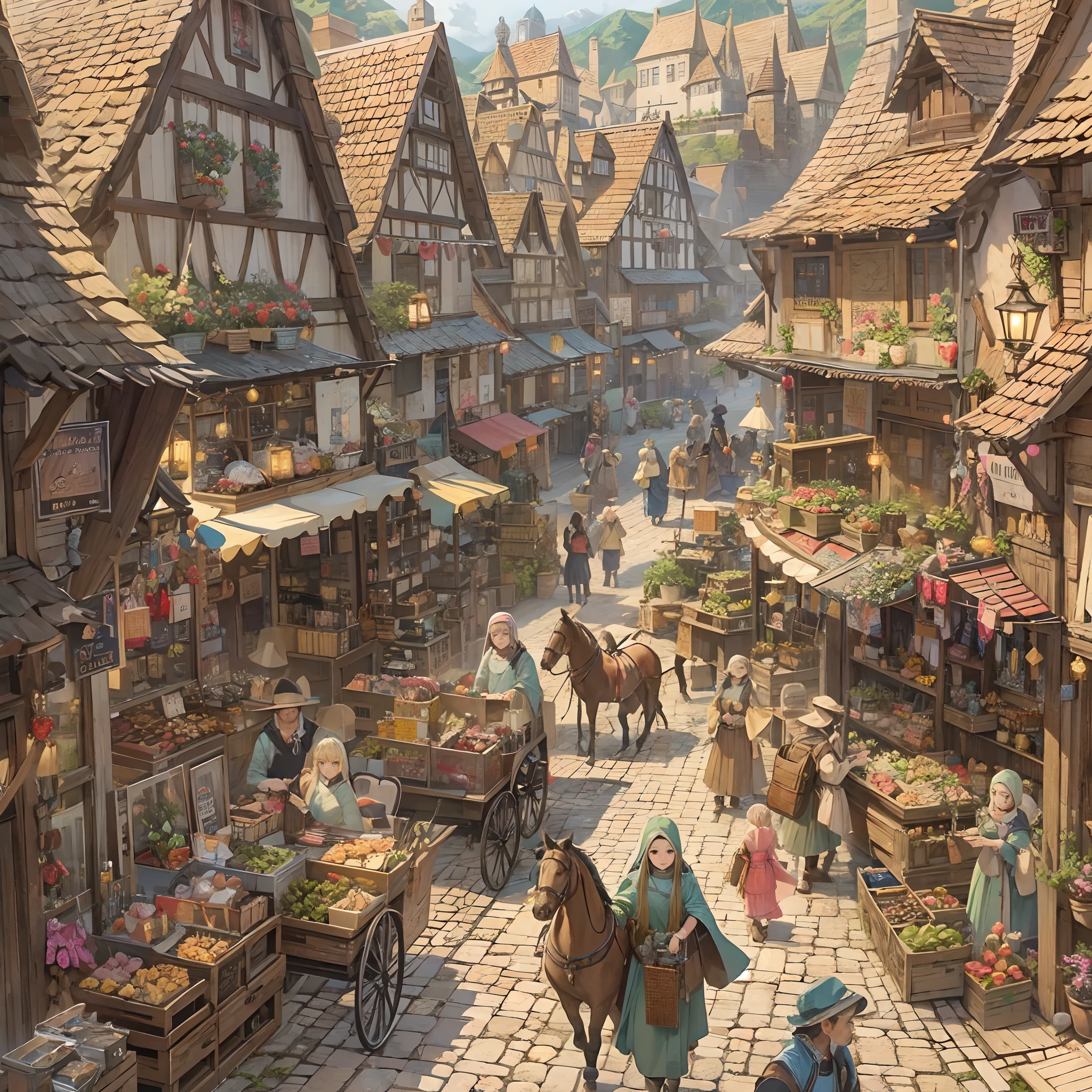 fantasy village illustration anime, walking through the market place, medieval village, people shopping from stalls, busy street