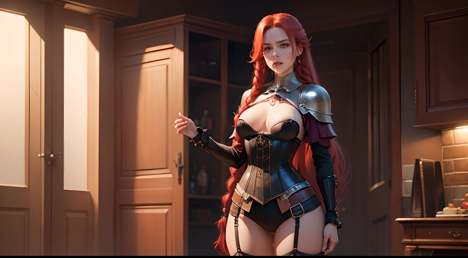 hips, small breasts, expression cold storage, strong jawline, long red hair, braids, plain dark background, European face, fishnet, breastplate, corset, stockings, half-opened mouth, full body, covered breasts, standing upright