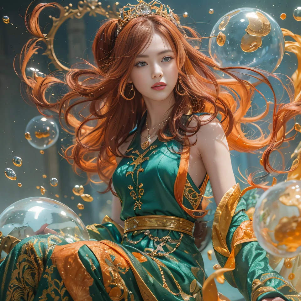 cyan colors，blue colors，enamel，agates，A flesh-colored world，Blood Girl 32K（tmasterpiece，k hd，Aoyama Pond，hyper HD，32K）Long flowing bright orange hair，blood pond，zydink， a color，Grumpy （Post-halo）， （Linen scarf）， Combat posture， looking at the ground， long whitr hair， Floating bright orange， Fire cloud pattern gold tiara， Chinese long-sleeved gold silk burgundy garment， （Abstract metaverse splash：1.2）， white backgrounid，Lotus vitality protector（realisticlying：1.4），Bright purple hair，Smoke on the road，The background is pure， A high resolution， the detail， RAW photogr， Sharp Re， Nikon D850 Film Stock Photo by Jefferies Lee 4 Kodak Portra 400 Camera F1.6 shots, Rich colors, ultra-realistic vivid textures, Dramatic lighting, Unreal Engine Art Station Trend, cinestir 800，A girl with long flowing bright orange hair，Huge multicolored bubbles