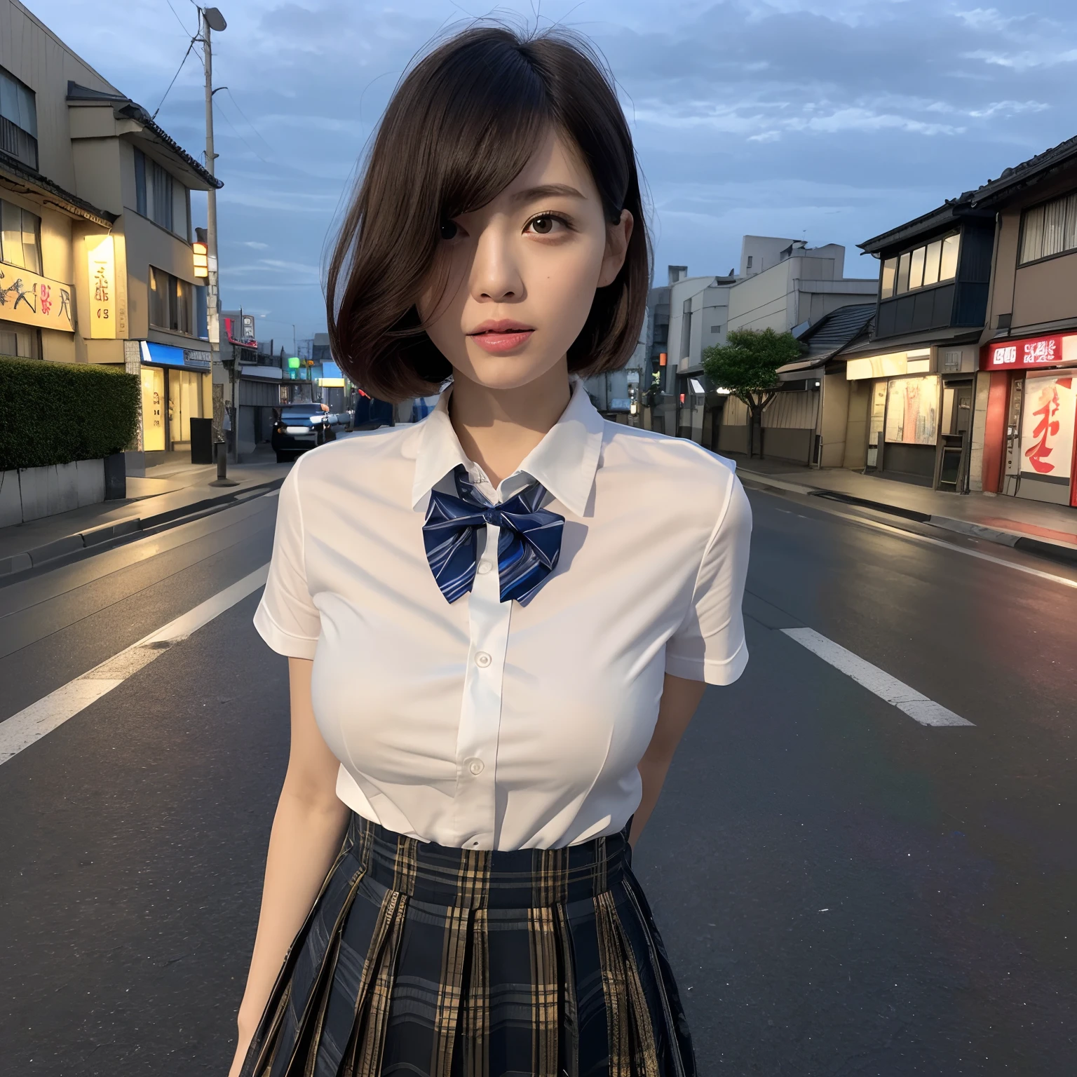 (8k, RAW photo, best quality, masterpiece:1.2), (realistic, photo-realistic:1.37), ultra-detailed, 1 girl,cute, solo,beautiful detailed sky,detailed tokyo street,night, medium breasts,beautiful detailed eyes,(collared shirt:1.1), bowtie,pleated skirt,(short hair:1.2),floating hair,short hai,