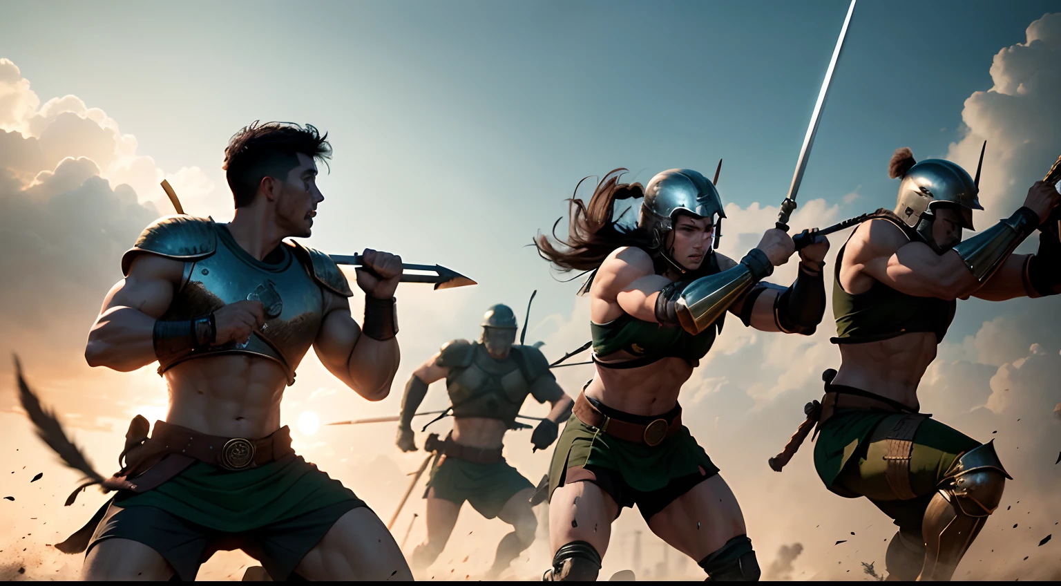 a group of Spartan warriors training in a battlefield, (best quality, highres):1.2, realistic, intense battle scenes, muscular bodies, powerful sword strikes, deadly spear thrusts, synchronized movements, Spartan helms, bronze armor shining under the sun, sweat dripping from their brows, determined expressions, warrior code of honor, kicking up dust clouds, grueling physical fitness, discipline, war cries echoing in the air, camaraderie, bravery, ancient Greek battlefield, Spartan shields forming an impenetrable wall, relentless training regime, blood pumping through their veins, fearless warriors, fast-paced combat, battle-hardened, propulsive energy, adrenaline rush, victory or death, indomitable spirit