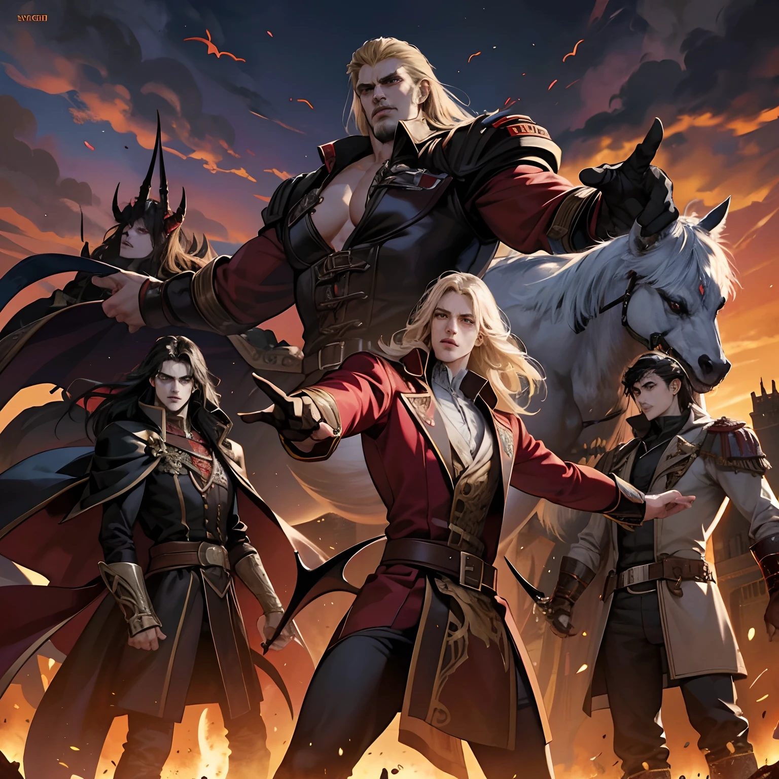 Castlevania Shadow Lord handsome muscular Lord Dracula leading troops armed with demons to war hyper realistic super detailed Dynamic pose super detailed faces hyper realistic super detailed Marvel comics style super detailed faces super detailed bodies Arabian moroccan version
