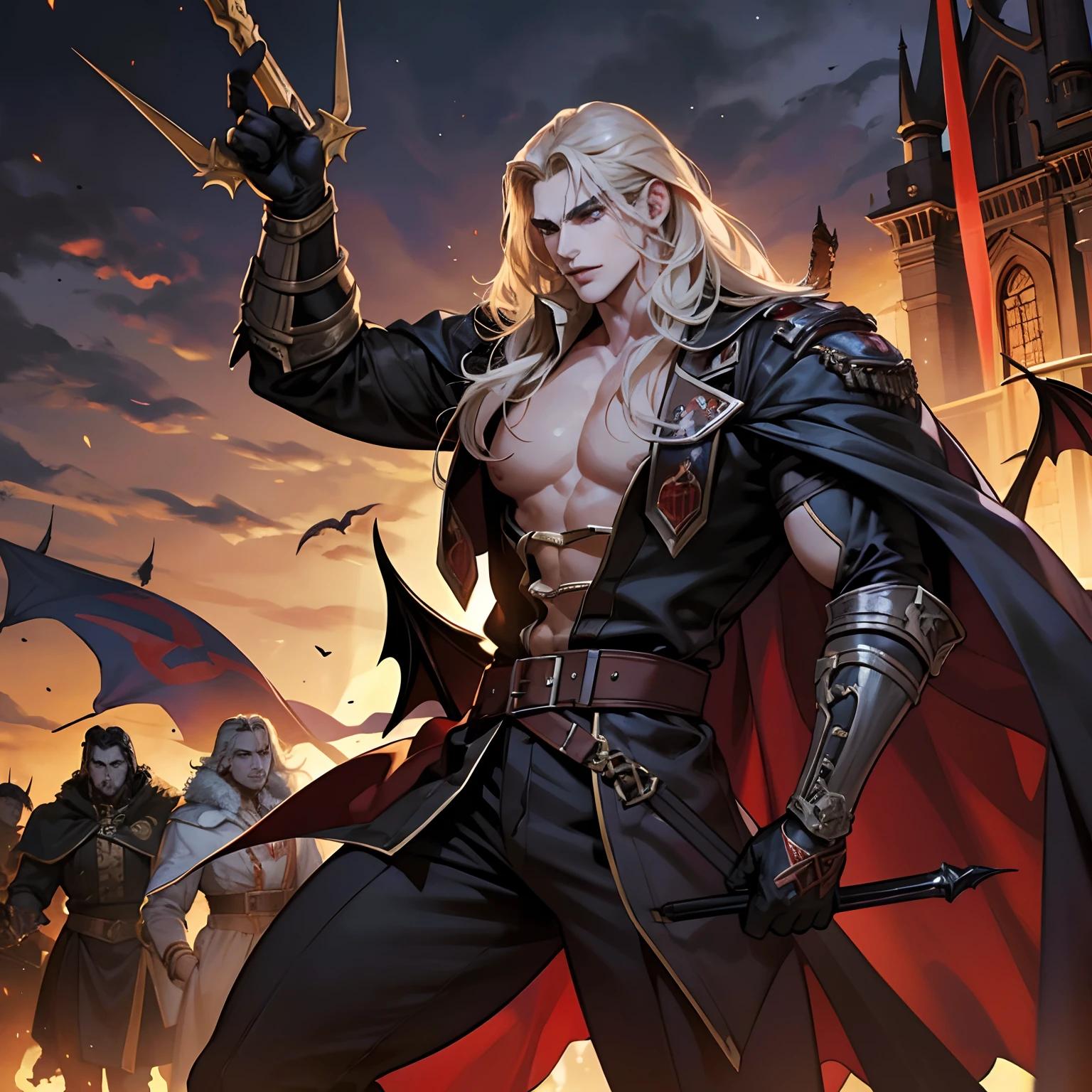 Castlevania Shadow Lord handsome muscular Lord Dracula leading troops armed with demons to war hyper realistic super detailed Dynamic pose super detailed faces hyper realistic super detailed Marvel comics style super detailed faces super detailed bodies Arabian moroccan version