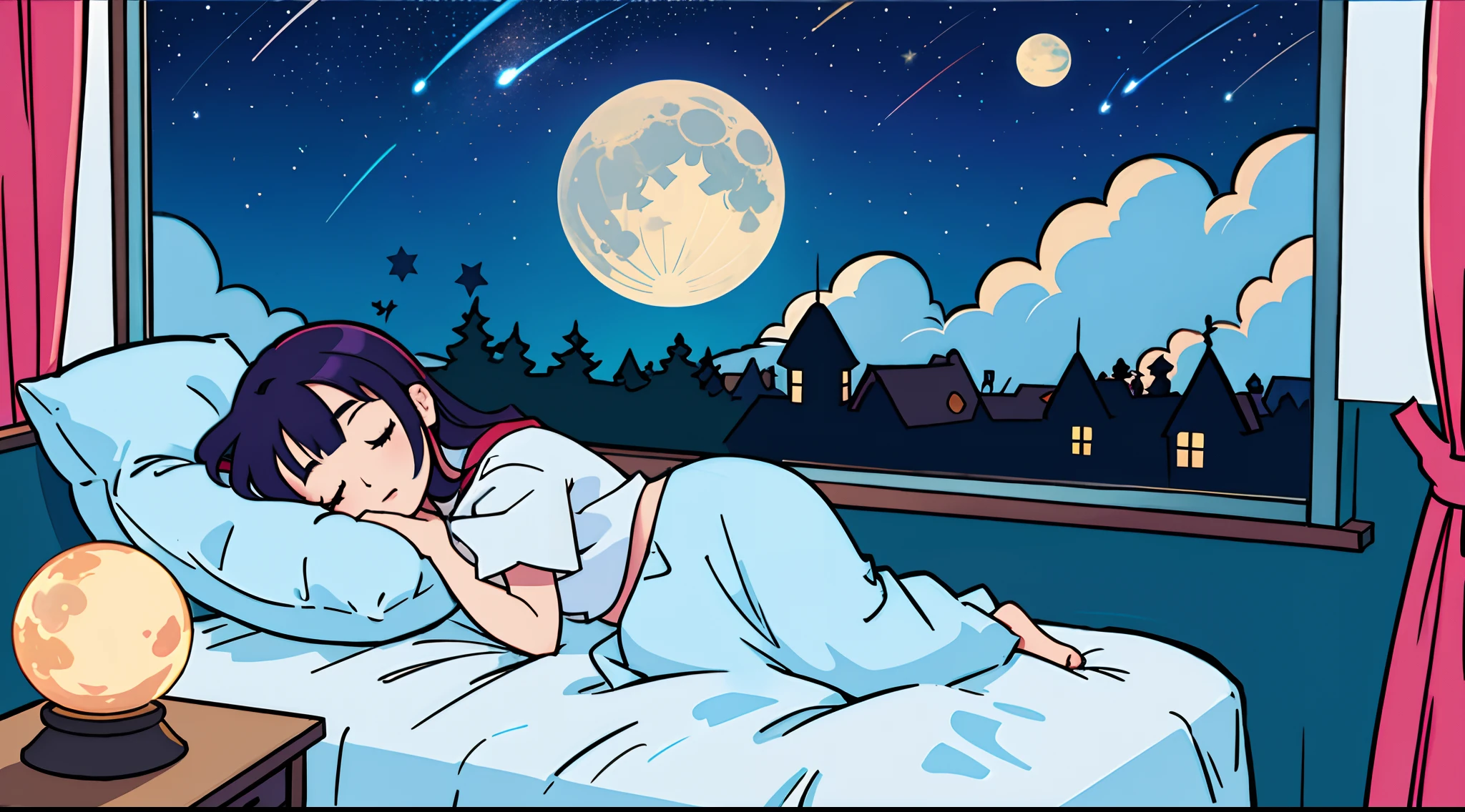 An ultra-high picture quality8K、Woman sleeping on bed in bedroom、Only one window、Outside the window is a starry sky、fullmoon、I can't see my face、Super colorful、Anime art wallpaper 8k, 4 k manga wallpaper, Anime Art Style