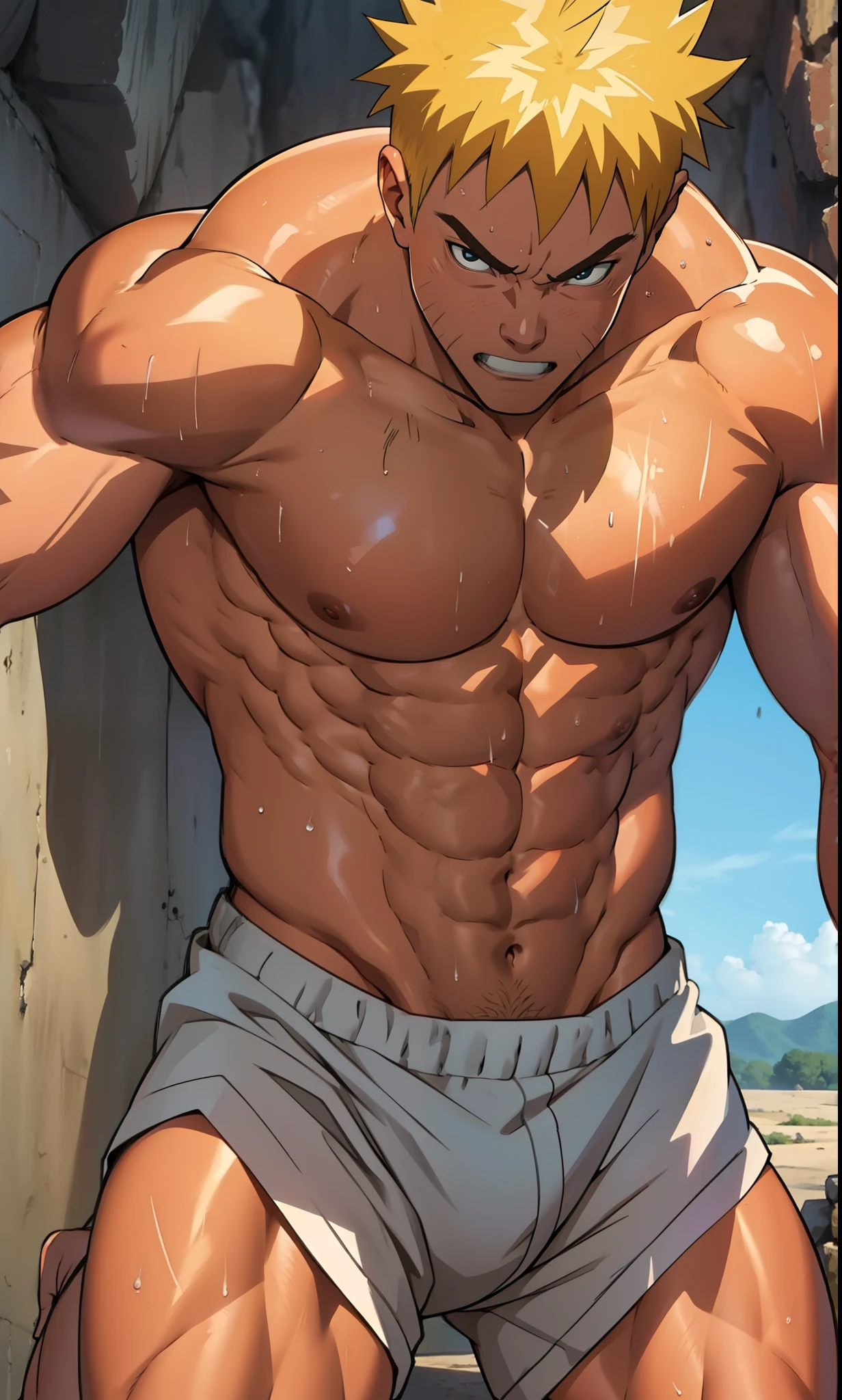 (photo angle from bottom up)[Picture anime][highest quality photo][ 4k,HD photo quality] (close-up ) huge muscular thigh muscles, wear tight triangle briefs small, huge thigh muscles ,muscular thigh muscles, muscular thigh muscles, giant thigh muscles, sinewy thigh muscles,Uzumaki Naruto, lots of sweat flowing down, topless, shirtless, sunny, shiny skin,rosy skin,pink skin, red skin, bodybuilder, 8-pack abs, giant, muscular chest muscles, giant muscular, sinewy biceps, cute baby face , two arms behind the back