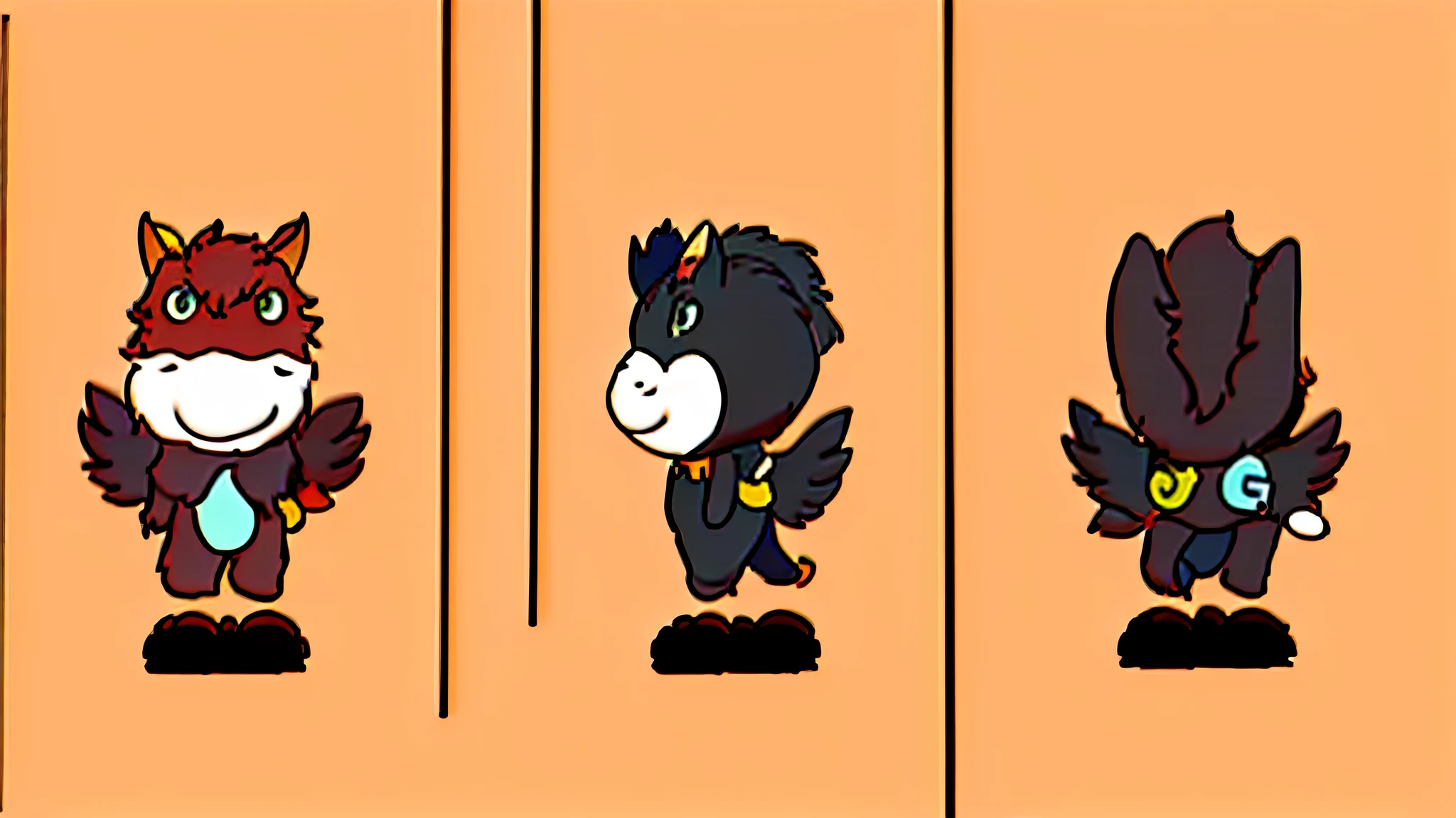 Three cartoon animals stand in a row，One of them looked at the camera, Simple lines of art, lineart behance hd, variable lineart, with hooves and wings, linear art, thick lineart, Simple line art, Line - Art, front back view and side view, outline art, Line art, stylized linework, Coloring book outline