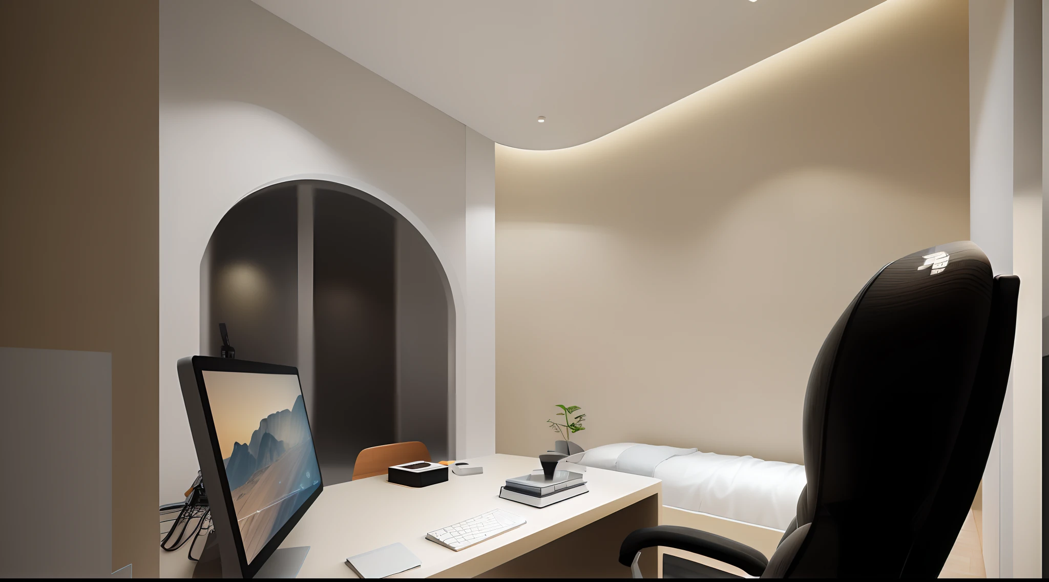 there is a computer desk with a monitor and a chair, small room, rendered in enscape, rendered lighting, rounded ceiling, small and cosy student bedroom, interior of a small room, sterile minimalistic room, professional render, rendered in vray, capsule hotel, vray rendered, enscape render, highly photographic render, small bedroom, archviz