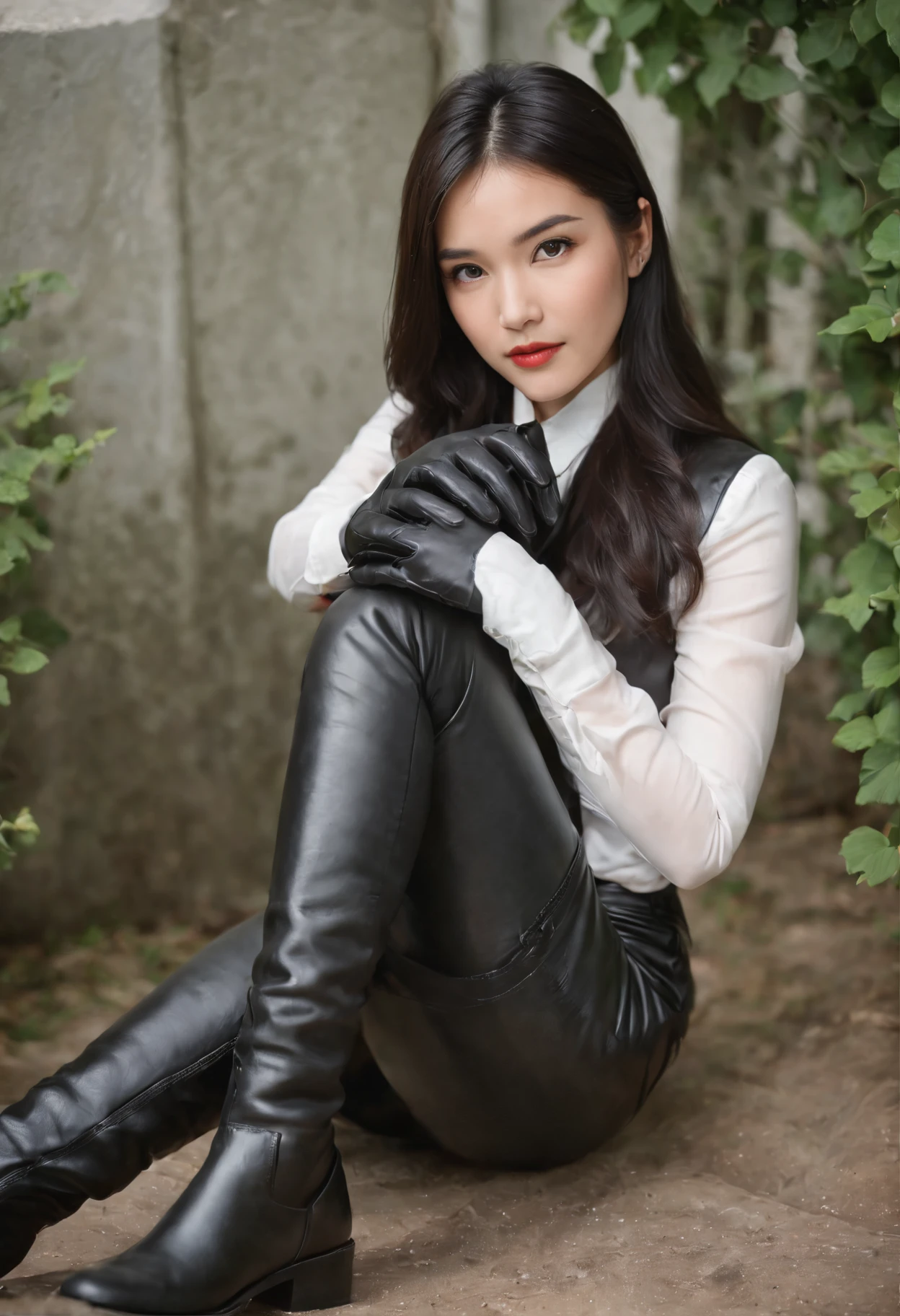 Black leather gloves with five fingers in both hands, black leather tight skirt, white blouse, black leather long boots, Japanese girl with black hair straight, sit on a leather chair with her feet aligned, both hands are aligned on her knees