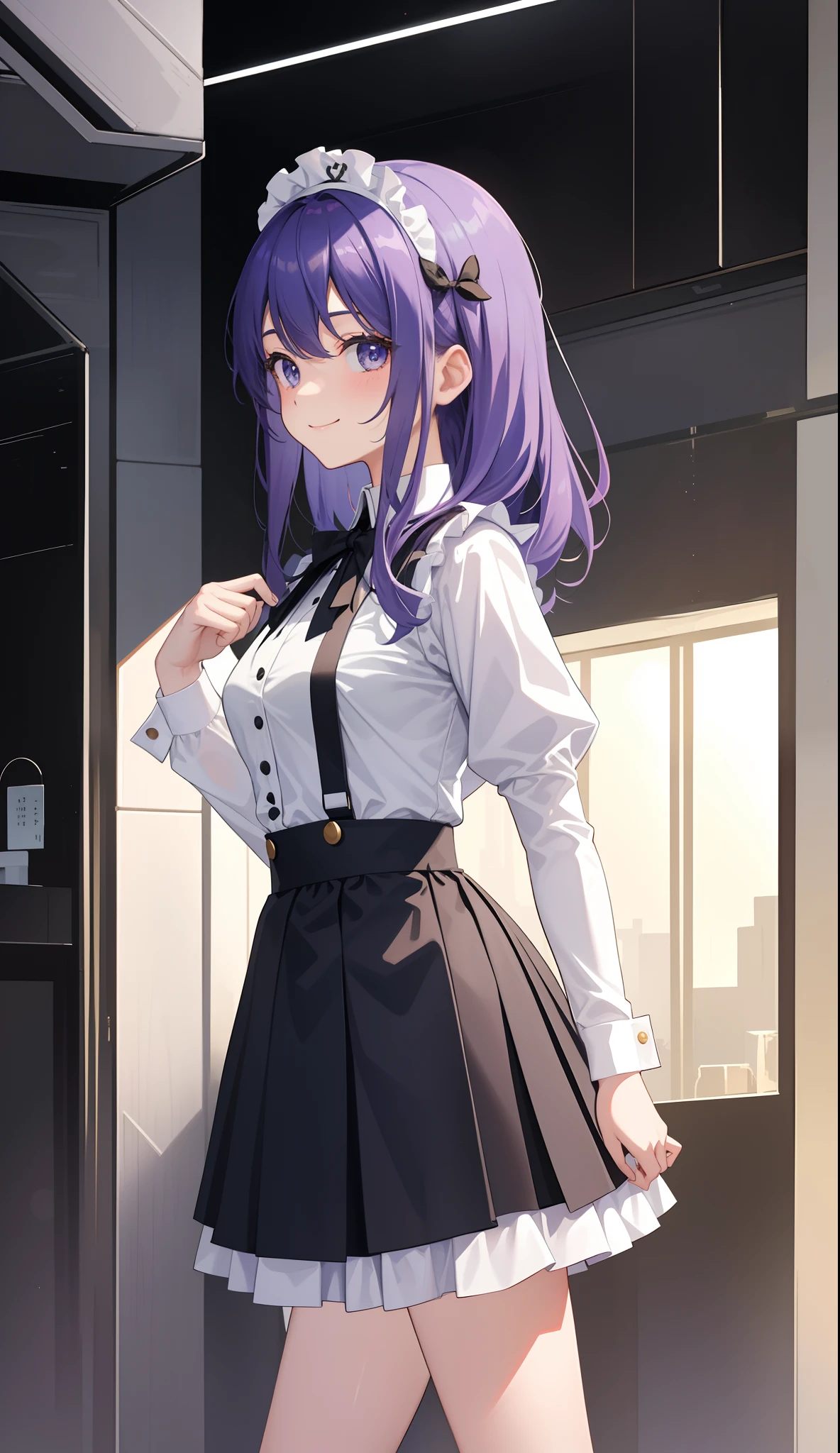 1girl in、AS-Adult、A smile、The shirt、skirt by the、(small tits)、doress、pinafore、Hair decoration、(Maid costume)、Walking with a thigh、Upper body portrait、