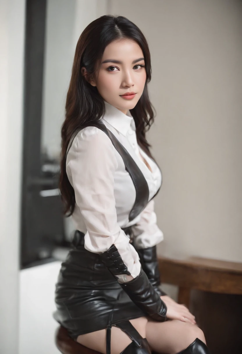 (Extremely beautiful face, Beautiful lips, Beautiful eyes), Black leather gloves, Black leather tight skirt, White blouse, Black leather boots, Japanese girl with straight black hair, Sit in a leather chair,Align your legs, Her hands were on her knees.Shorts thigh double beauty Muchimuchi M-Spread Legs temptation