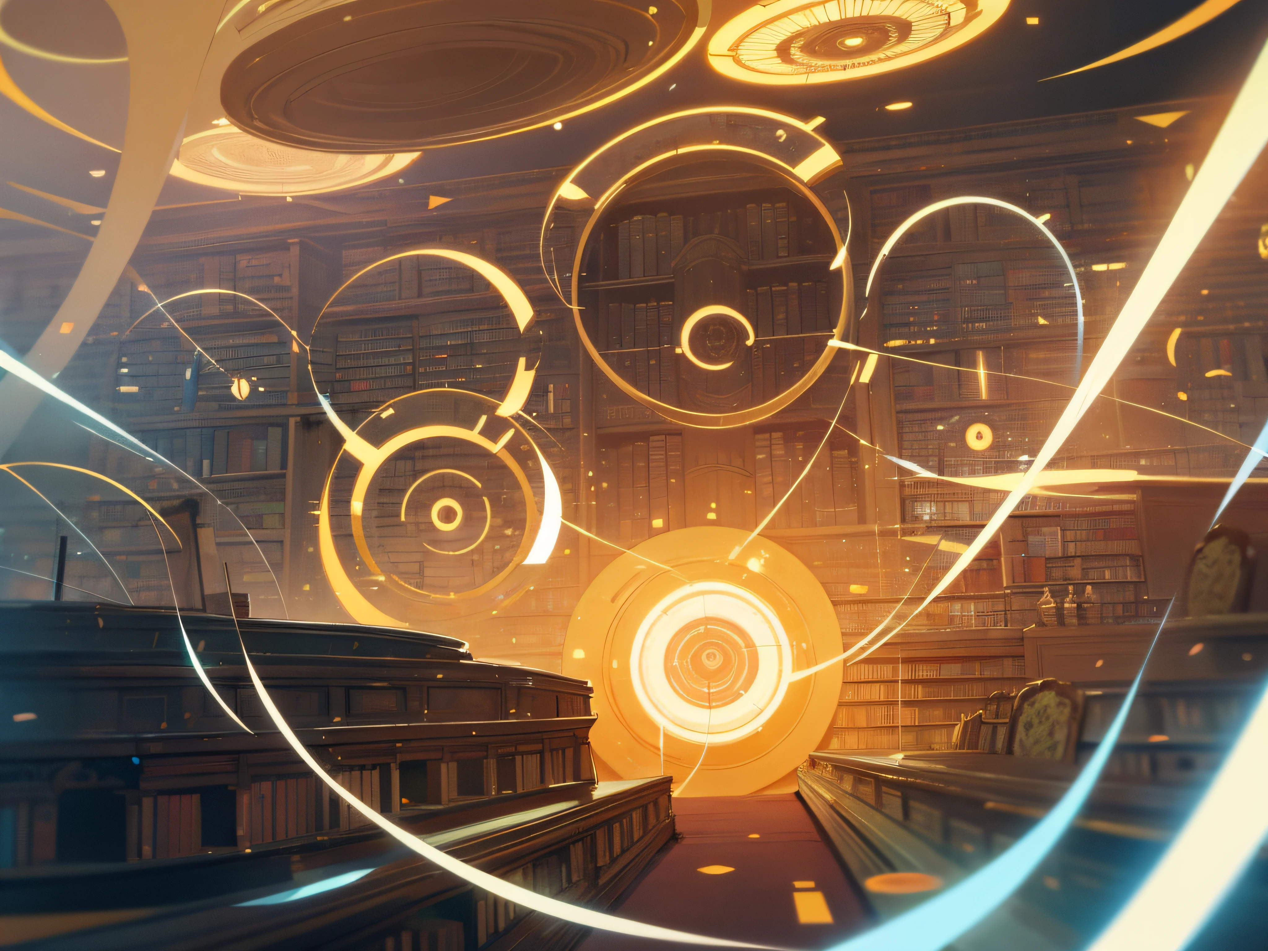 giant library room with hundreds of circles on the wall with energy surrounding them the circles are portals showing different landscapes, anime style
