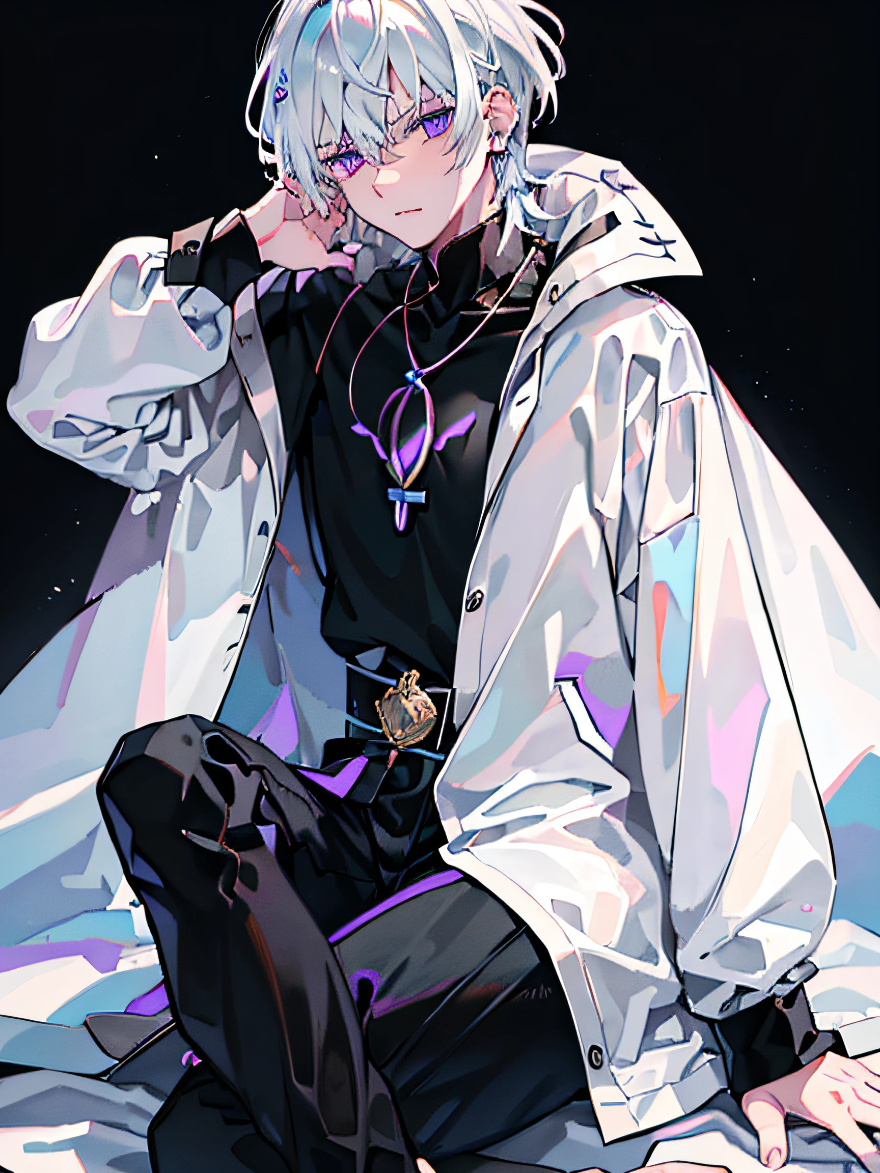 1 boy, medium white hair, dark purple eyes, lazy face, ear piercing, wearing white jacket oversize, rose pattern on jacket, wearing black t-shirt, wearing black skinny cargo pants, steel necklace, dark room with light in middle, spotlight, small light, sit, absurdres, high res, ultrasharp, 8K, masterpiece