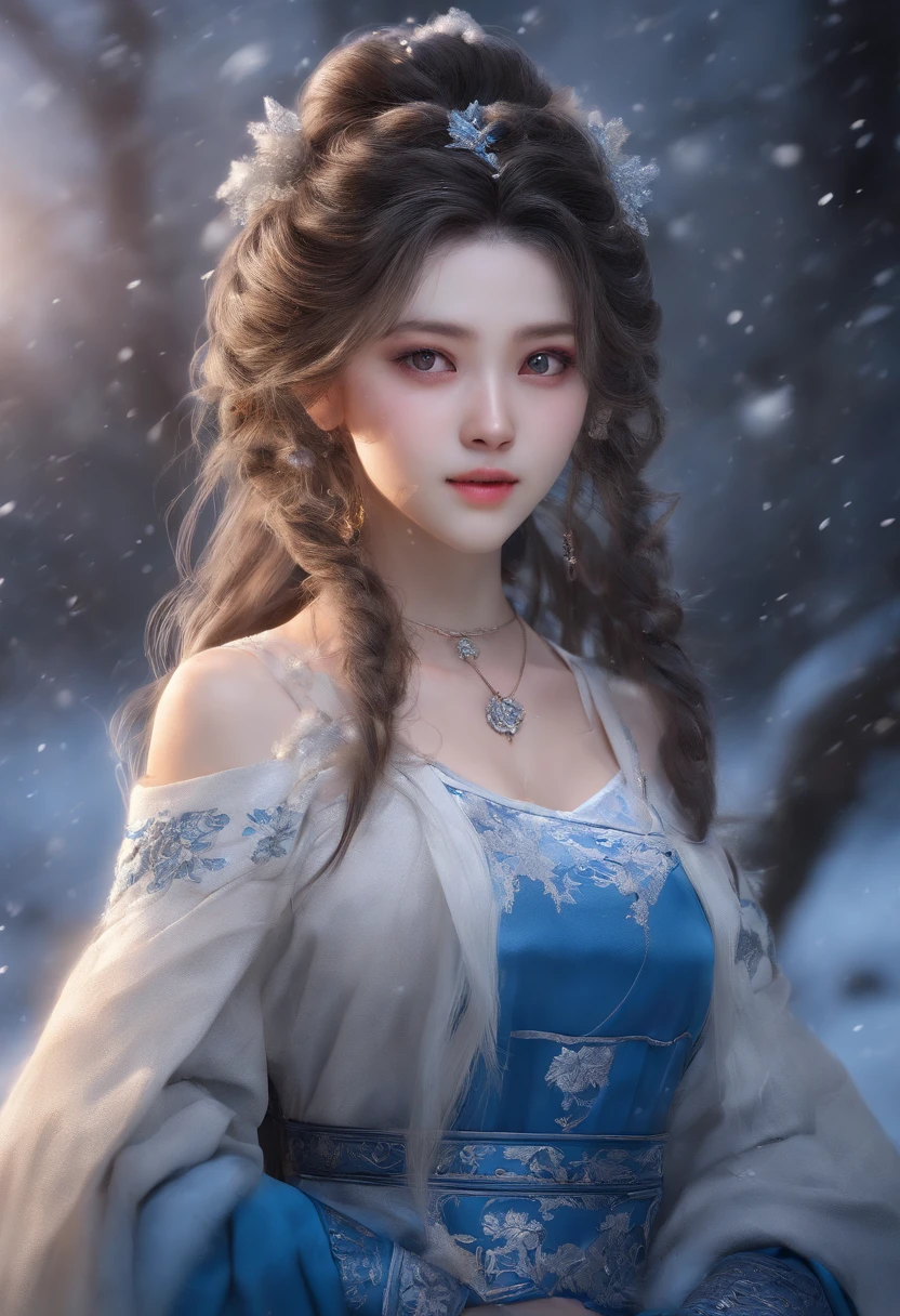 8K,tmasterpiece，CG,Volumetriclighting，eventide， one-girl，beuaty girl，Dynamic action，with hands behind her back，standing in the snowy mountain，Hanfu，short  skirt，Casual hairstyle，Messy hair，big breasts exposed cleavage，blue gem