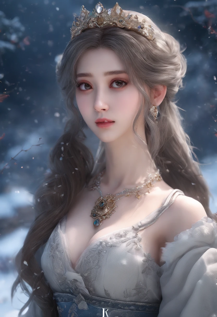 8K,tmasterpiece，CG,Volumetriclighting，eventide， one-girl，beuaty girl，Dynamic action，with hands behind her back，standing in the snowy mountain，Hanfu，short  skirt，Casual hairstyle，Messy hair，big breasts exposed cleavage，blue gem