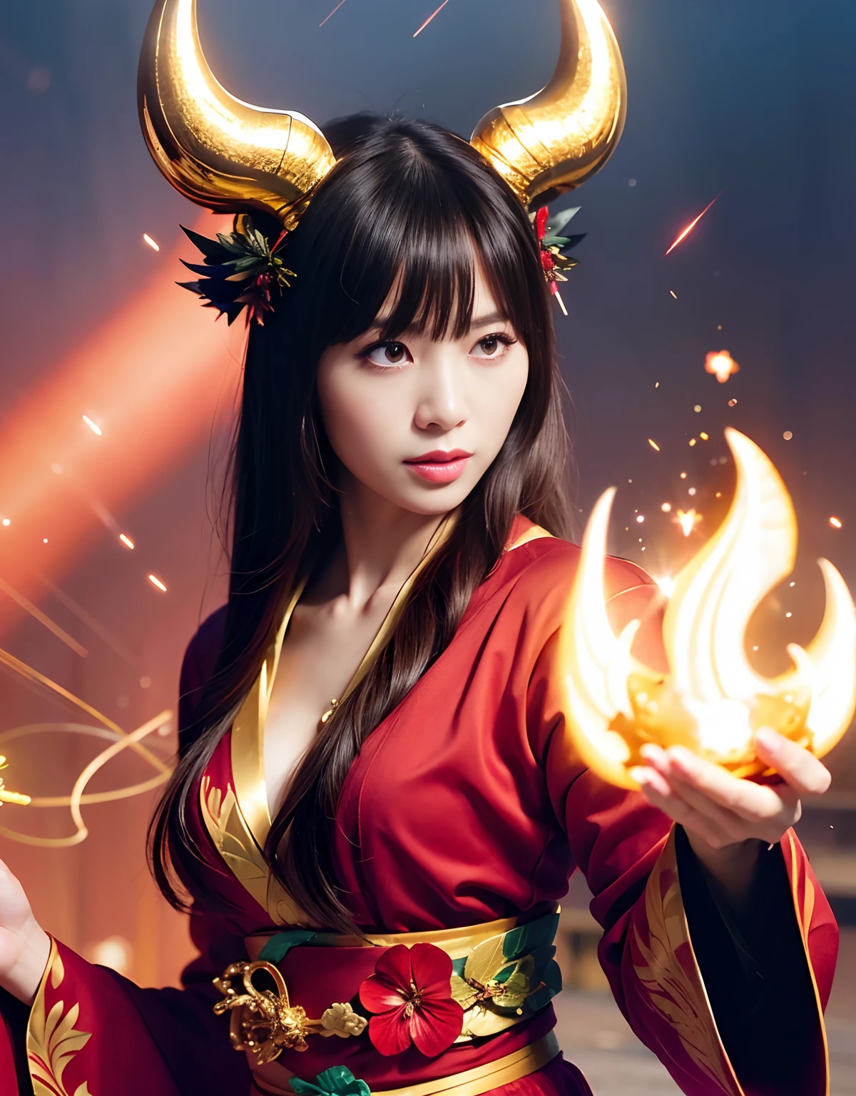 ((World of Darkness)),Professional , ​masterpiece、top-quality、photos realistic , depth of fields 、（sexypose）、(Black maple on the background of full bloom),（Ultimate Beauty）、A dark-haired、（shrine background)、（Kimono with beautiful pattern）、（Night background）、Beautiful hair ornament on the head、（（Precipitous cliffs））,(Wear a beautiful kimono),（Wear a beautiful kimono with colorful floral patterns）、Jewel Gold Weapon、Particles of light),(Wearing a wizard's hat）、Gorgeous gold weapons ,Castle background、（（ Gorgeous Dragon Sword）） , （a dark night）,,（maikurobikini） 、（（Black Haired Beautiful Girl））、（Castle background）、（demonic wings）、（（Gangle's forest background））、Beautiful Caucasian beauty、１a person、dynamic ungle,(((Two devil's horns on the head)))、Smaller head、Idle Smile、Thin and beautiful female hands、Mystical expression、Light Effects、intense fighting、Wind-effect、magic circles、With the legendary magic wand、Dragon's tail、