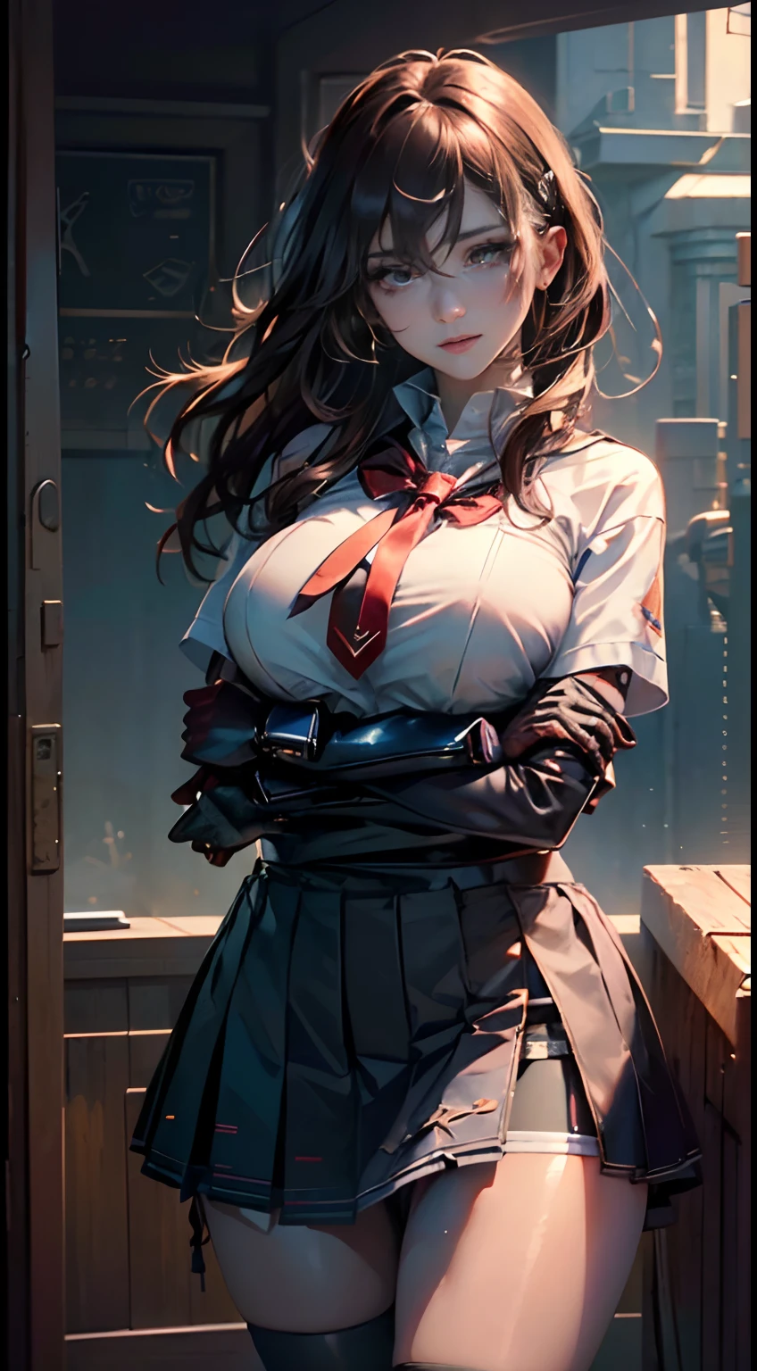 hyper quality、8K quality、High resolution、Image quality taken with a single-lens reflex camera、perfect anatomy、green eyes、{{make your cheeks red:0.4}}Sad face、high school girl mecha girl、Beautiful girl with dark brown hair、ponytail、big breasts、(Mechanical parts with a three-dimensional feel)（navy pleated skirt、Blue and white long sleeve sailor uniform)(Mechanical parts below the elbow and below the knee:1.5)BREAK、（perfect anatomy:1.4）BREAK(Cherry Blossom High School、inside the classroom、By the window:1.4)
