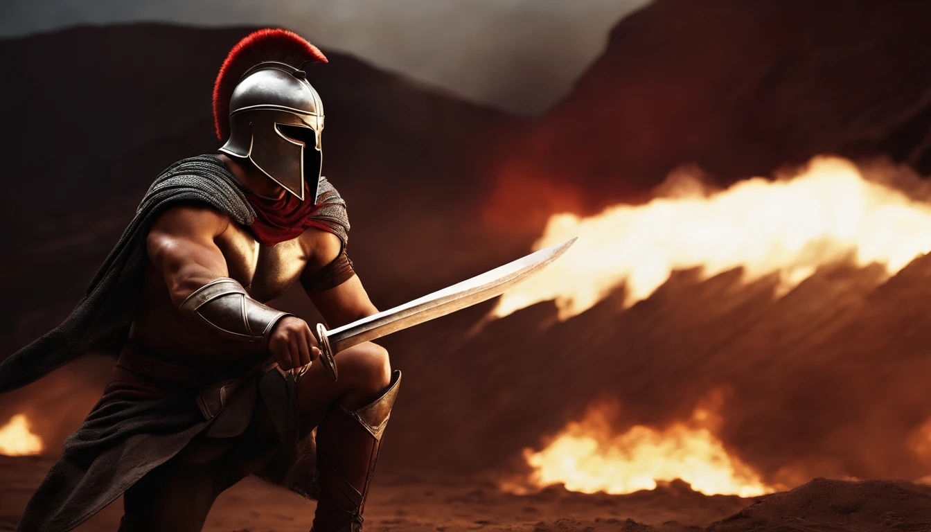 spartan warrior, dying, bloody armor, on battlefield, on his knees, epic, 8k, ultra-detailed, realistic, portraits, dark, fiery light, intense shadows, powerful physique, battle scars, determined expression, historical, ancient Greece, war, battlefield smoke, blood-soaked ground, ancient ruins, iconic red cape, steel helmet, tarnished spear, raised sword, heroic stance, dusty atmosphere, epic proportions, dramatic composition, dynamic pose, muscular physique, courageous, brave, valor, fallen comrades, Spartan shield, war cries, battle cries, war-torn surroundings, triumph over adversity, gritty aesthetic, battle-worn, fierce, legendary warrior