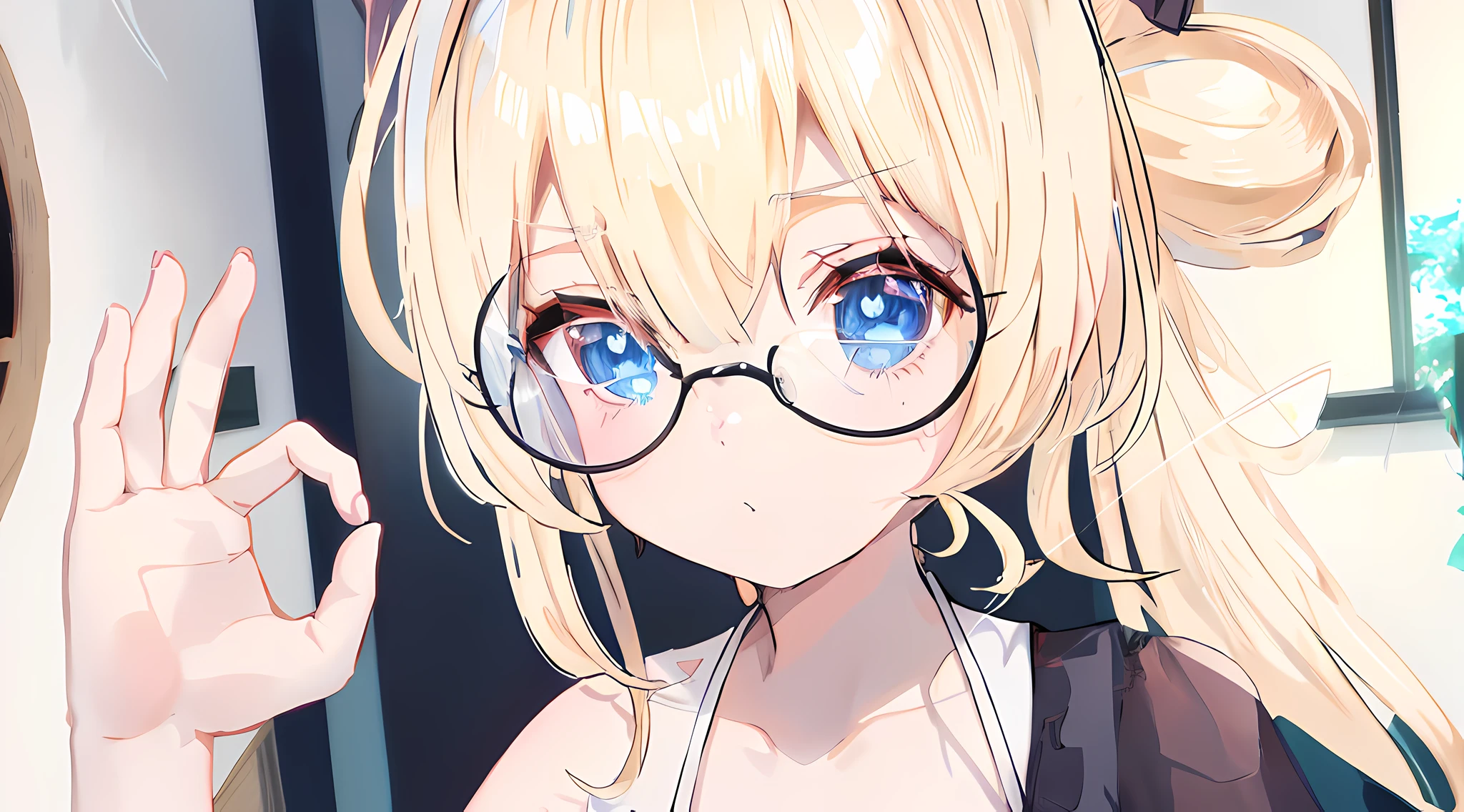 blonde anime girl with glasses and a black top in a room, blue eyes, have cute dog ears, show one shoulder, holding a glass, render of a cute 3d anime girl, anime styled 3d, hanayamata, small curvy ****, realistic anime 3 d style, 3d anime girl, anime moe artstyle, vrchat, ****, anime style. 8k, stylized anime, render of april, shikamimi,