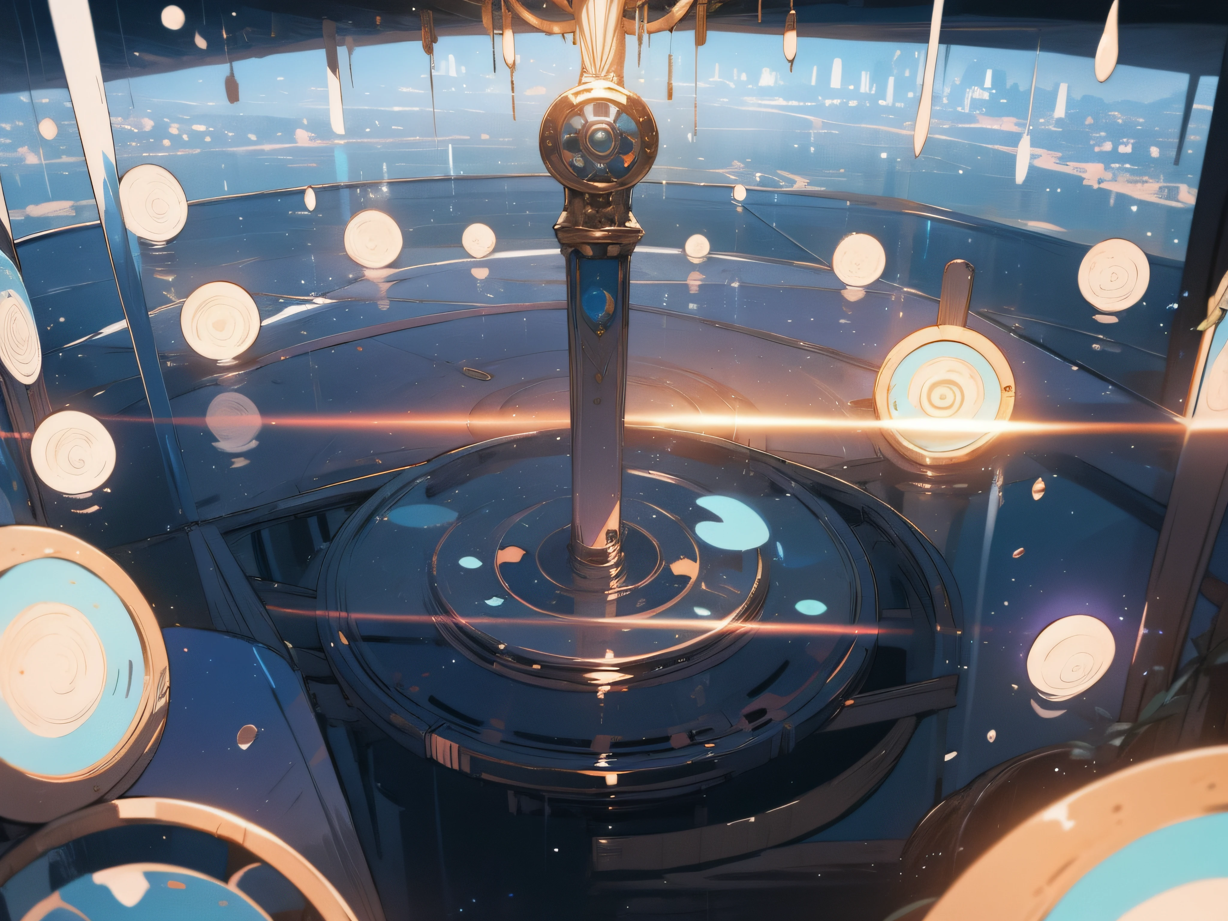 giant room with circles on the wall with energy surrounding them. the circles are portals showing different landscapes of different colors