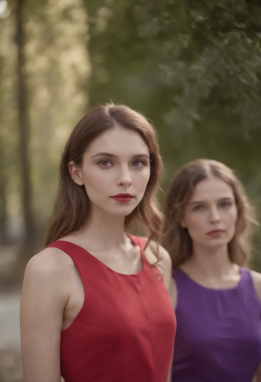 /portrait image 2 woman, one represents anorexia (thin), wears red clothes and the other represents bulimia (fat) overweight, wears purple clothes, eating disorder art