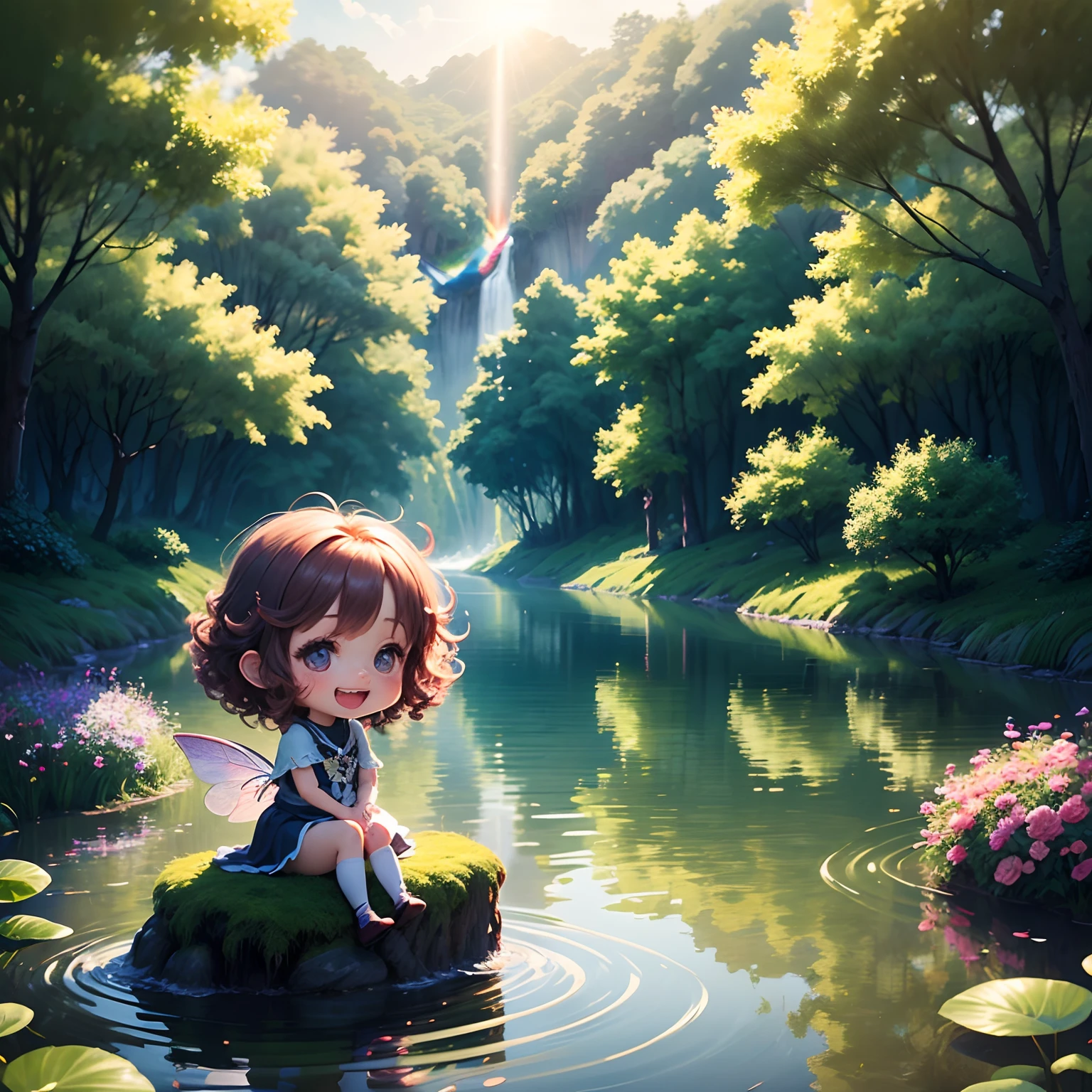 masterpiece、top-quality、ultra-detailliert、Fairy Daughter、(Chibi Chara:1.1)、wraith、Curly hair、Open your mouth and smile、lake in the middle of a forest、Sit on flowers、Rainbow Light、the morning sun、rainbows