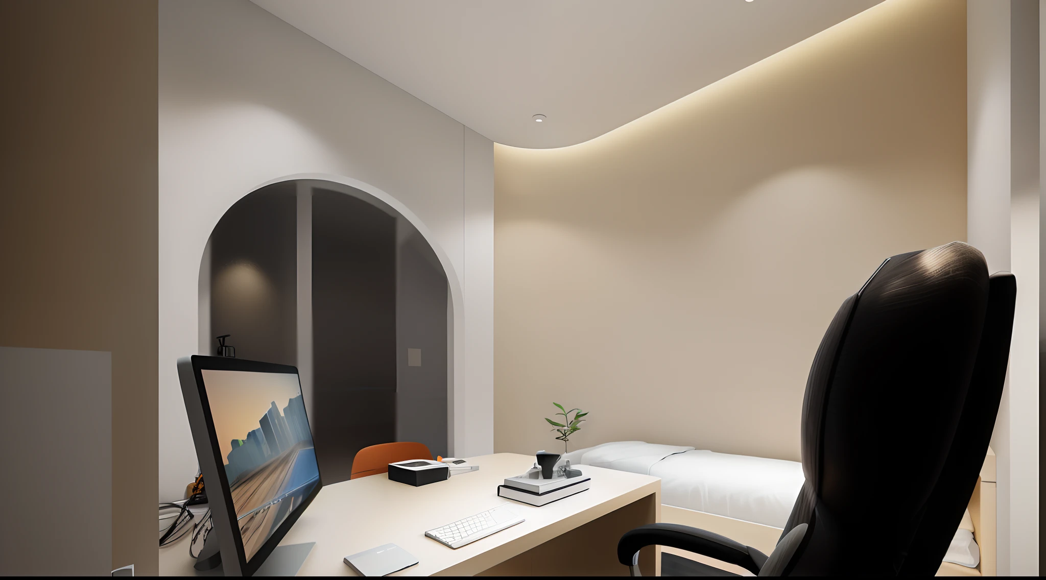 there is a computer desk with a monitor and a chair, small room, rendered in enscape, rendered lighting, rounded ceiling, small and cosy student bedroom, interior of a small room, sterile minimalistic room, professional render, rendered in vray, capsule hotel, vray rendered, enscape render, highly photographic render, small bedroom, archviz