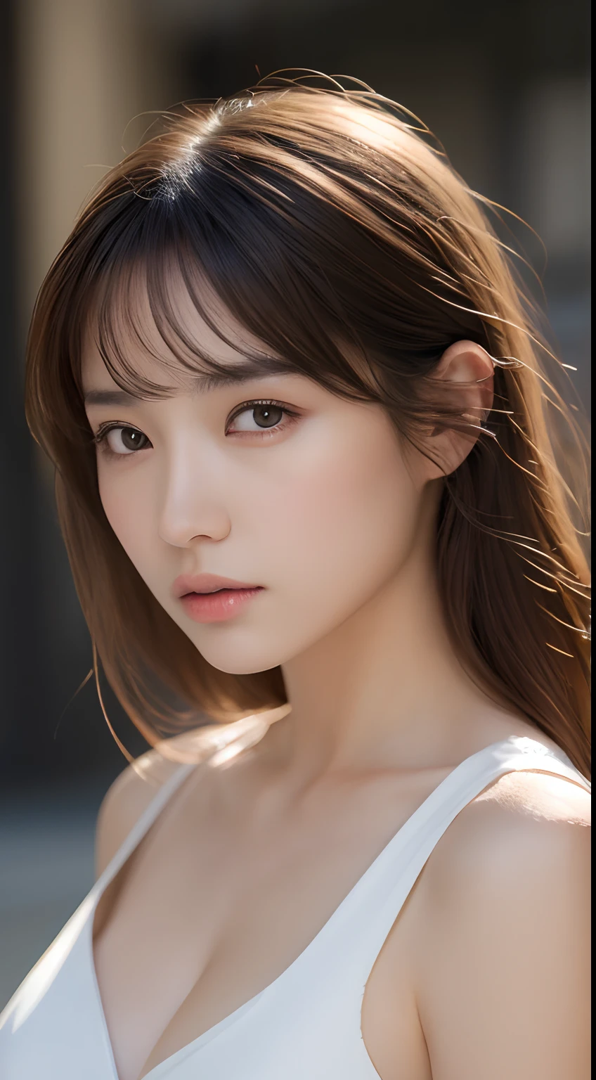 (japanse:Drawing 8K masterpieces of the highest quality: 1.3)、(english:Have sharp focus:1.2)、(english:Beautiful woman with perfect style:1.4)、(english:Slender abs:1.2)、(english:Dark brown hair and big:1.2)、(english:City streets with natural light:1.1)、(english:Highly detailed facial and skin texture)、(english:Detailed eyes and double eyelids)