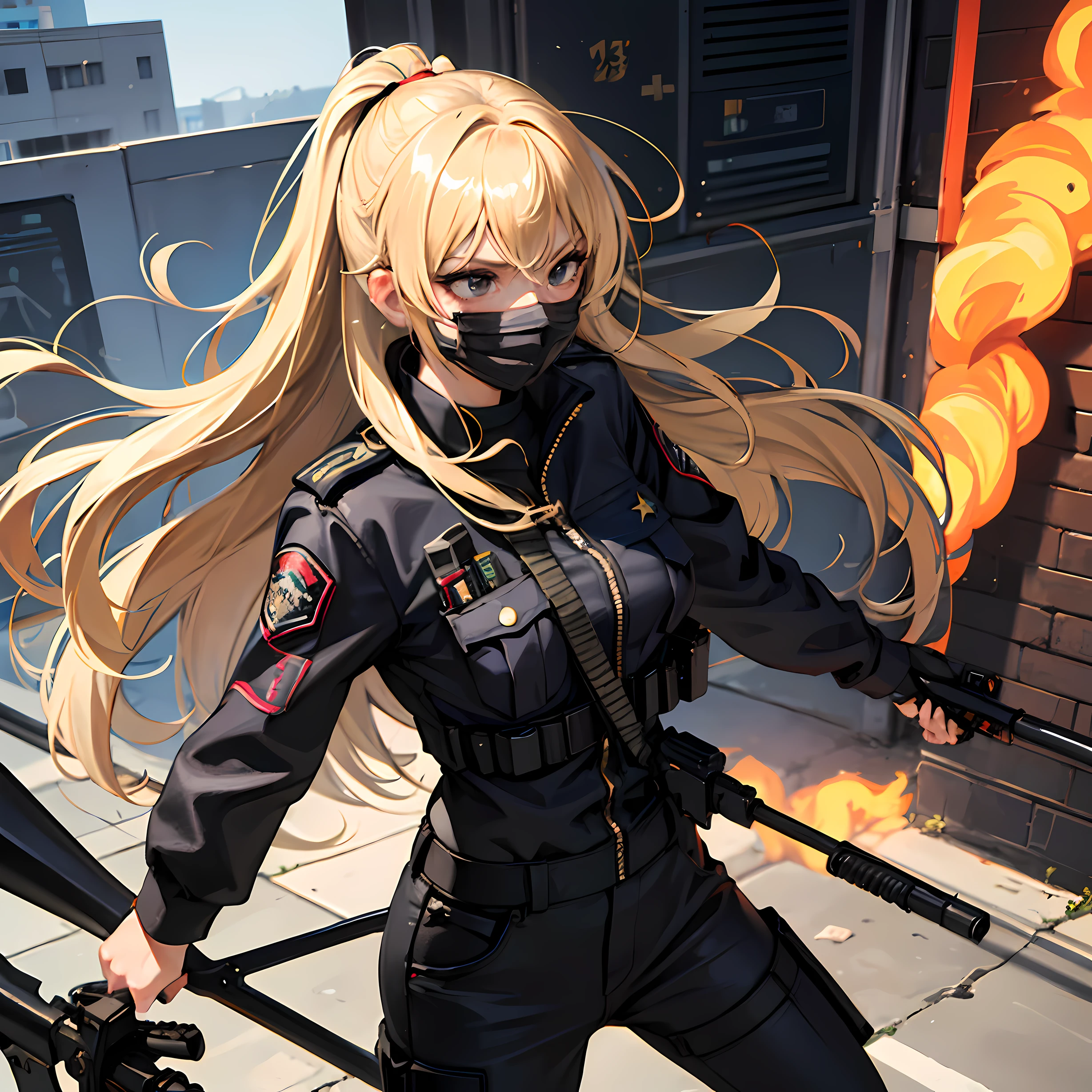 One girl, adult girl, SWAT girl, police girl, blonde hair, with plain black mouth mask, loose blonde hair, serious face, holding a M4, sharp gaze