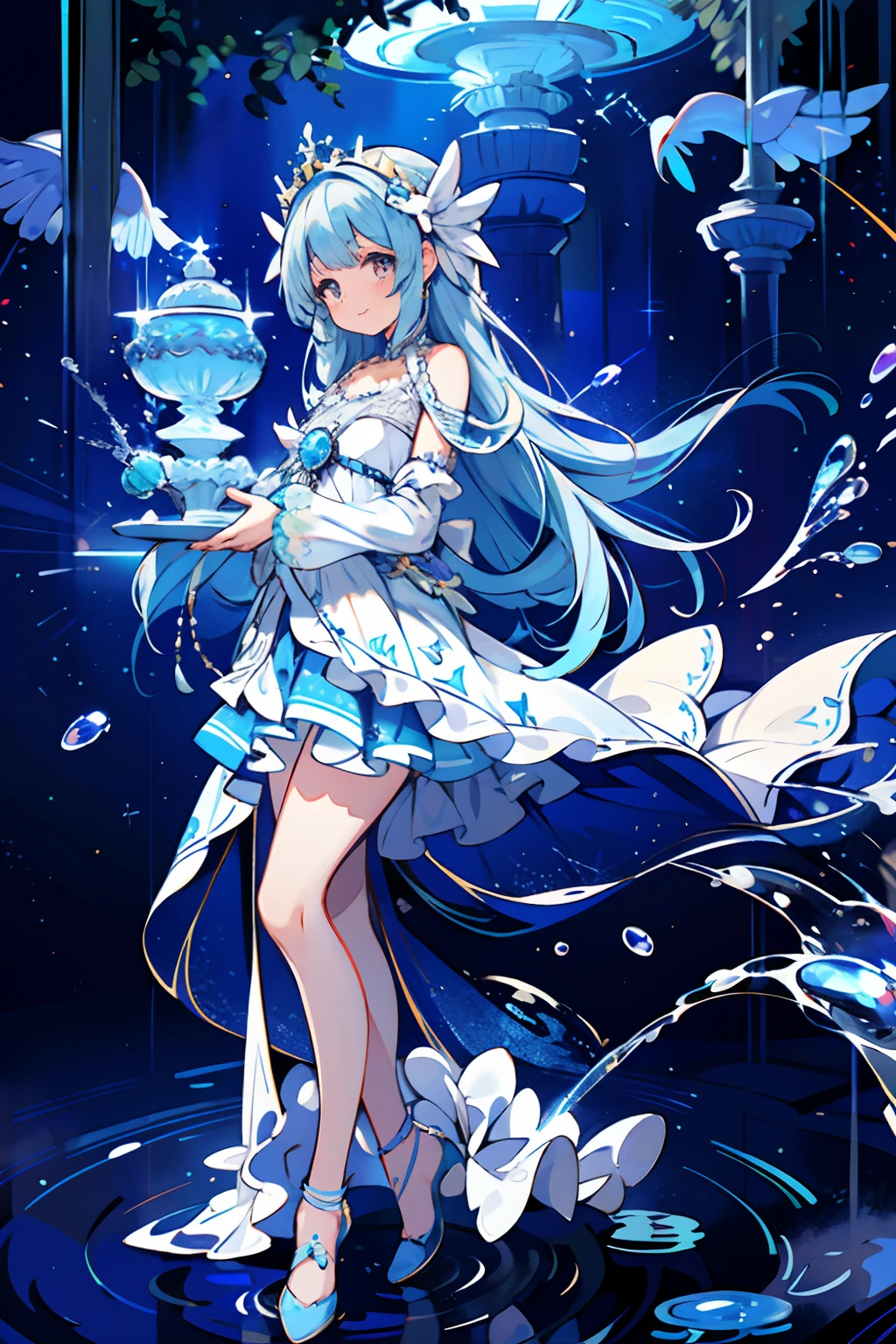 absurderes, hight resolution,
break
One Goddess (girl) Wearing a detailed upholstered dress, (Hugging) Water (kanna:1.2), (Aquarius:1.35), White and blue costume, (Beautiful circular) (The fountain:1.2) on background, Water gushing from fountains on both sides, Standing, (focus on girl:1.3), looking at viwer, (Greek style:0.6), Night, Holy Light, Crystal Texture, (Smile:1.1)