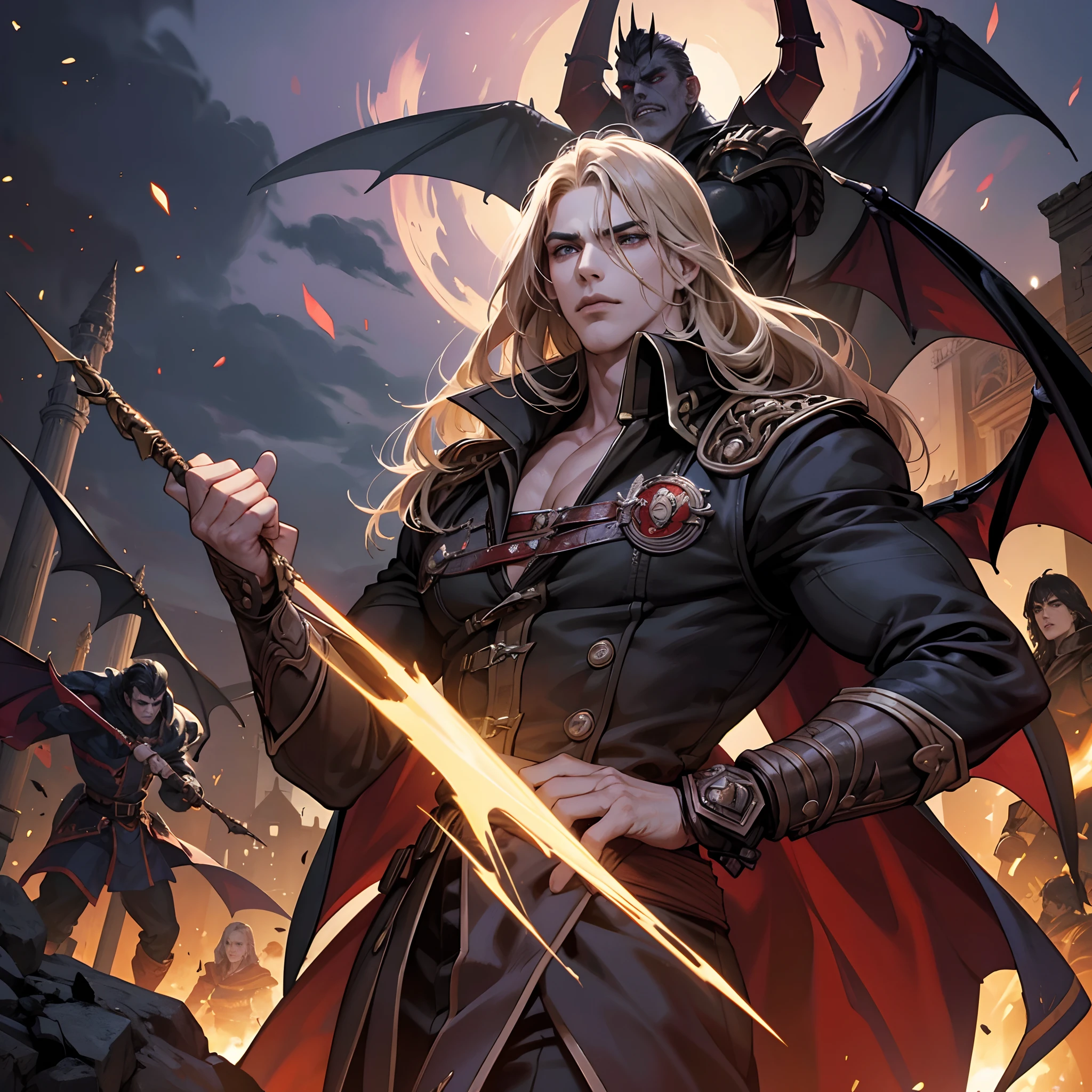 Castlevania Shadow Lord handsome muscular Lord Dracula leading troops armed with demons to war hyper realistic super detailed dynamic pose super detailed faces hyper realistic super detailed Marvel comics style super detailed faces super detailed body Moroccan Arabic version