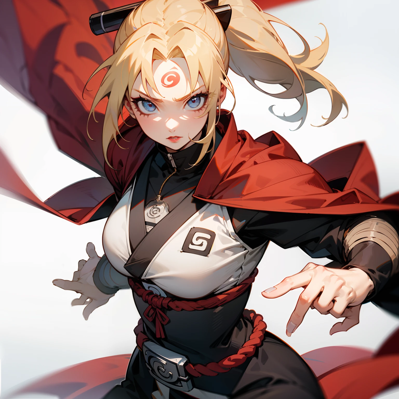 Tsunade, a prominent character from the popular anime and manga series "Naruto," is a formidable and iconic figure in the shinobi world. She is known for her remarkable medical skills as well as her prowess in combat. Tsunade typically dons a distinctive attire that includes a short, purple kimono with a deep neckline, revealing a pendant around her neck, and a white, diamond-patterned haori (cloak) with a red rope belt. Her long, blonde hair is often tied in two loose ponytails, and her striking appearance is accentuated by her dark red lipstick and a pronounced diamond mark on her forehead, signifying her affiliation with the Hidden Leaf Village and her role as the Fifth Hokage. Tsunade's outfit reflects her confident and alluring personality, combining traditional elements with modern flair, making her a memorable character in the Naruto universe.